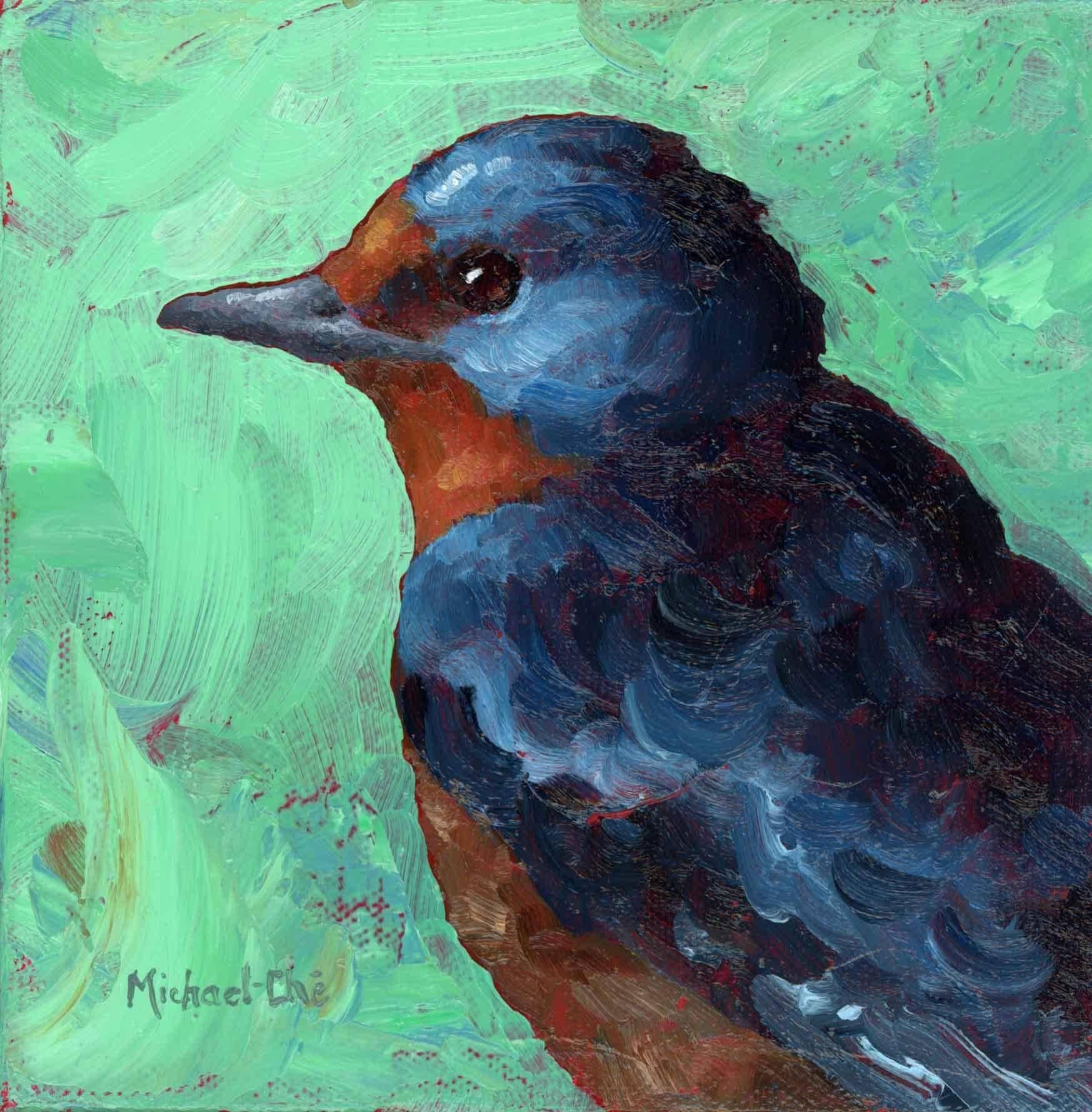 Michael-Che Swisher Animal Painting - "The Blues" Oil painting of a blue bird on a green background