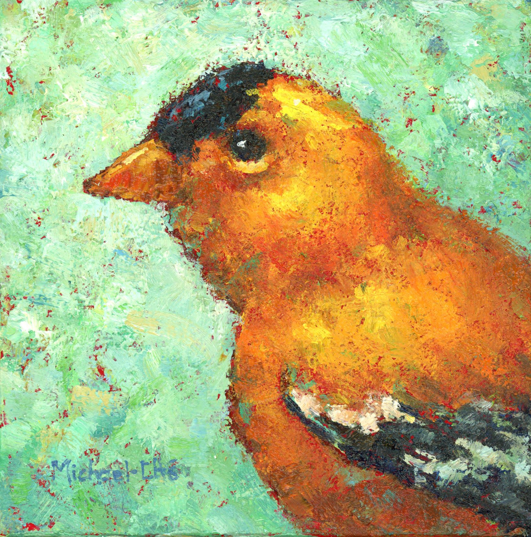 Michael-Che Swisher Animal Painting - "The Gold Got It" Impasto oil painting of a yellow bird on green background