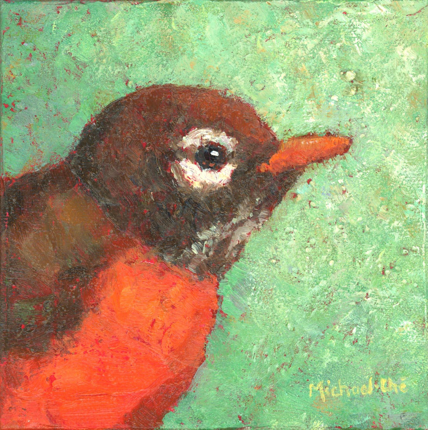 Michael-Che Swisher Figurative Painting - "To Sum It Up" Orange and brown bird on green canvas.
