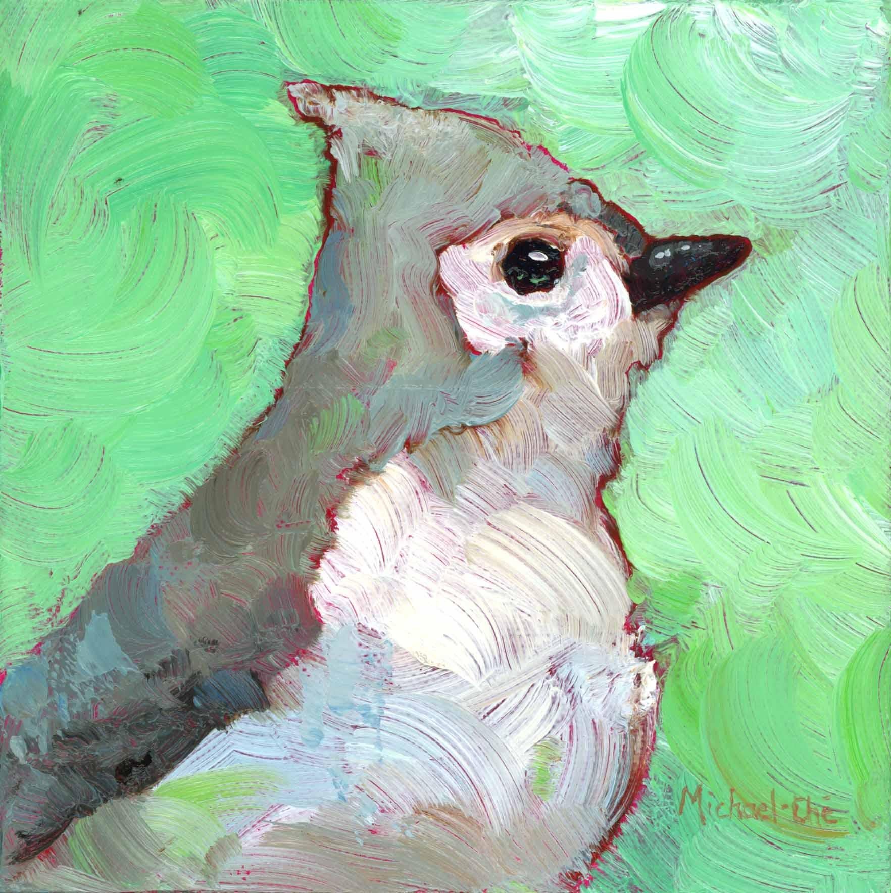 Michael-Che Swisher Animal Painting - "Tuftie" Small Oil Painting of a Grey Bird on Bright Green Background