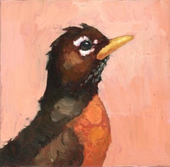 "Well, Here I Am!" Brown and orange bird on pink canvas.