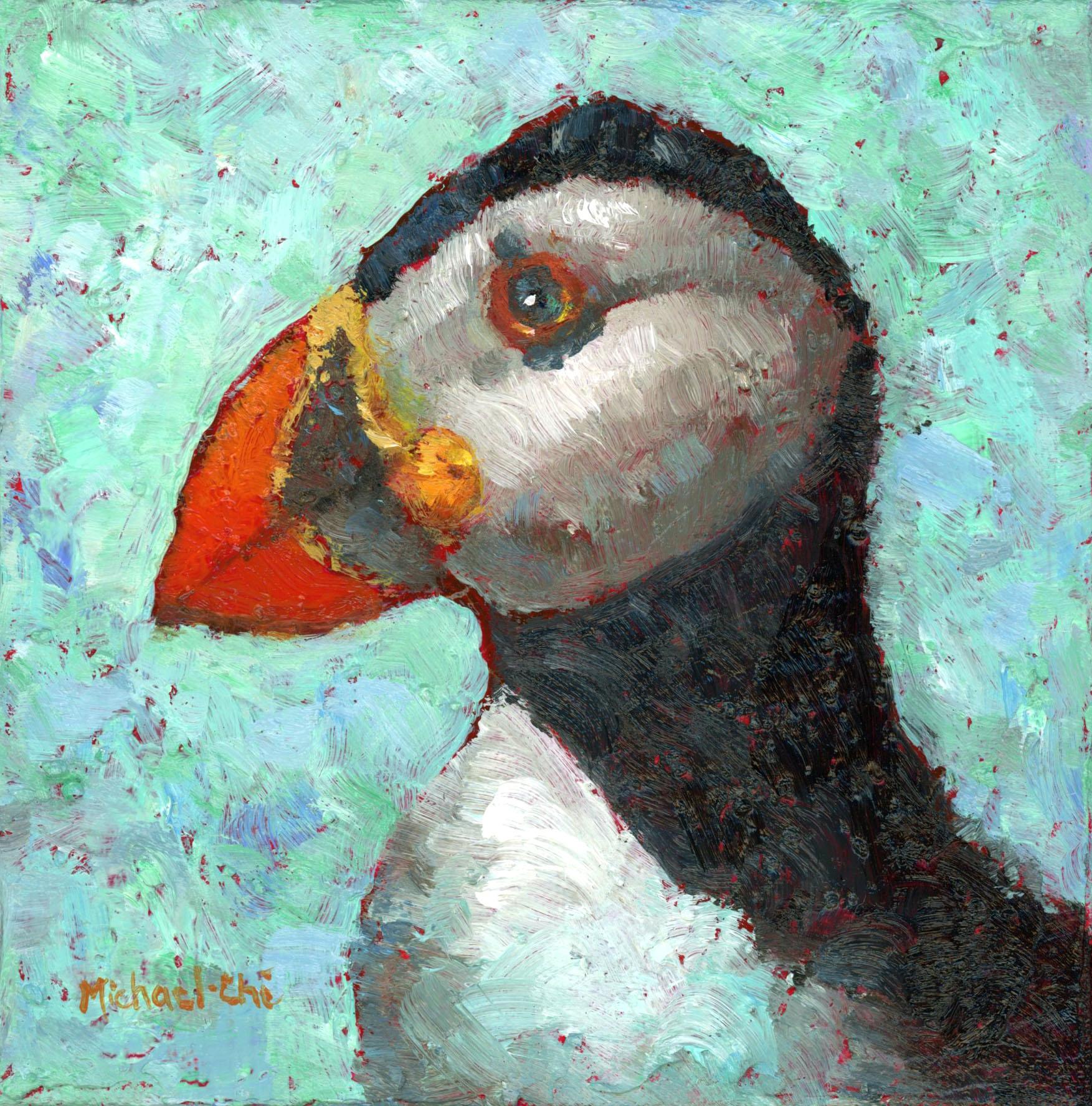 Michael-Che Swisher Animal Painting - "Why, Yes I Do" Oil painting of a puffin over a turquoise background 