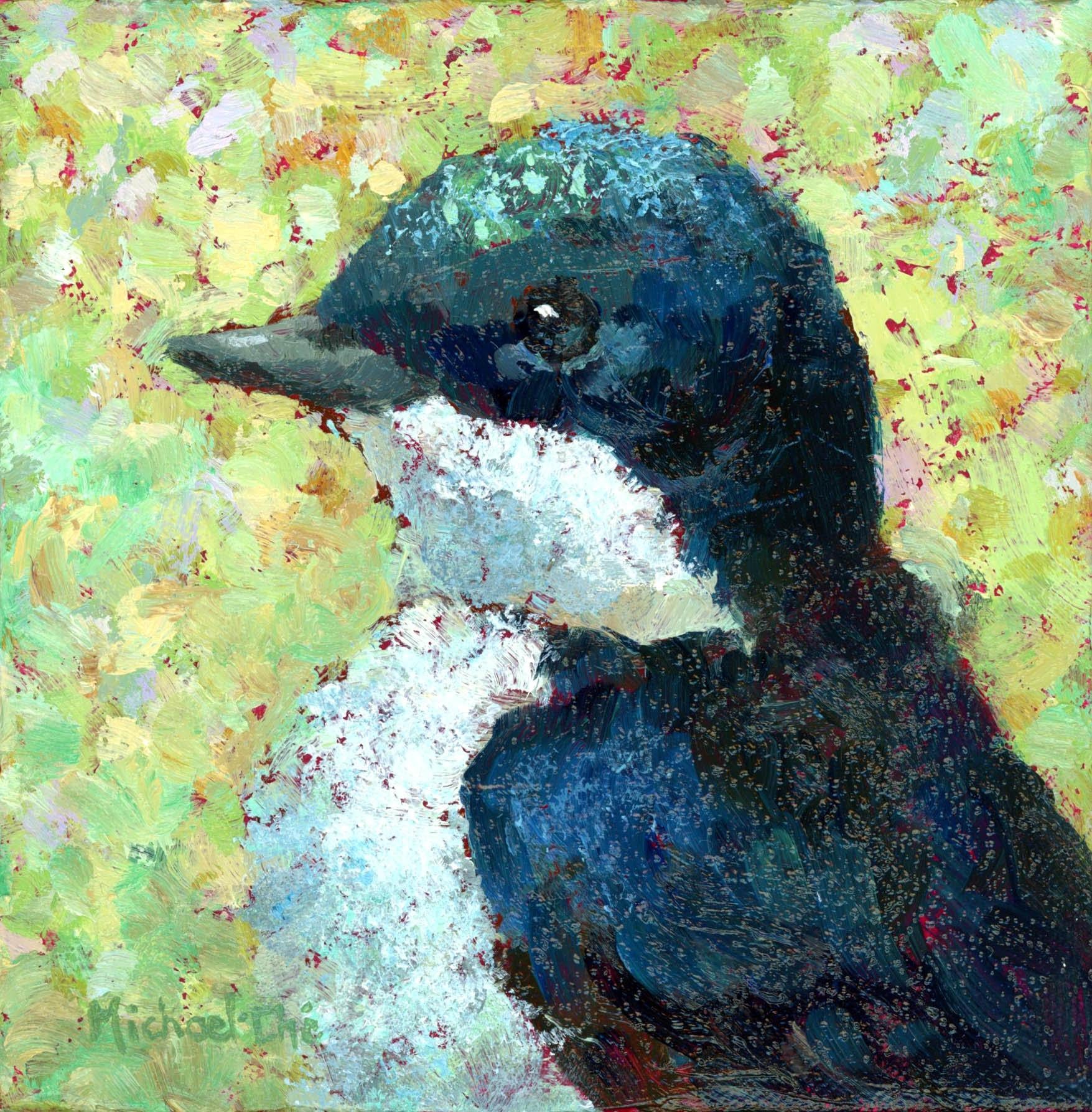 Michael-Che Swisher Animal Painting - "Sweet Swallow" Impasto oil painting of a blue bird on yellow/green background