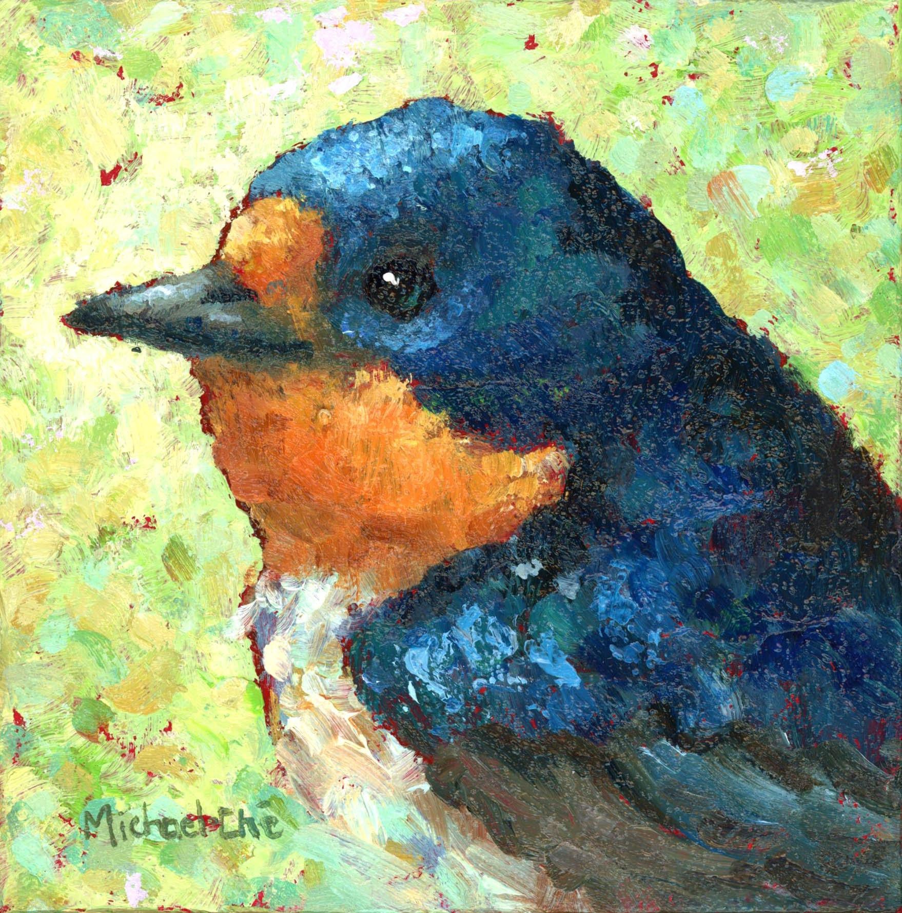 Michael-Che Swisher Animal Painting - "Wise and Wonderful" Impasto oil painting of a blue bird on yellow/green 