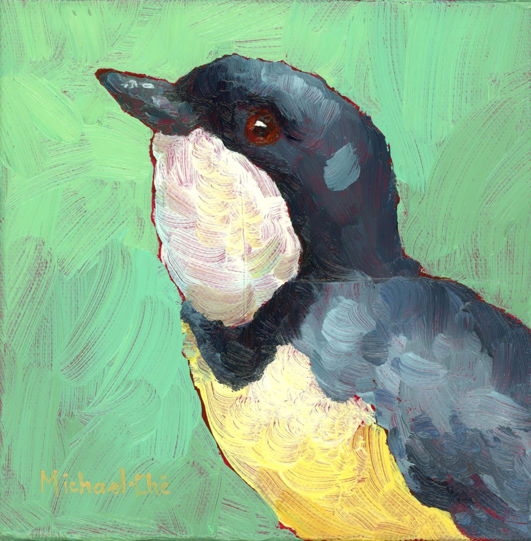 Michael-Che Swisher Animal Painting - "Working on My Swing" Impasto oil painting of grey, white, yellow bird on green