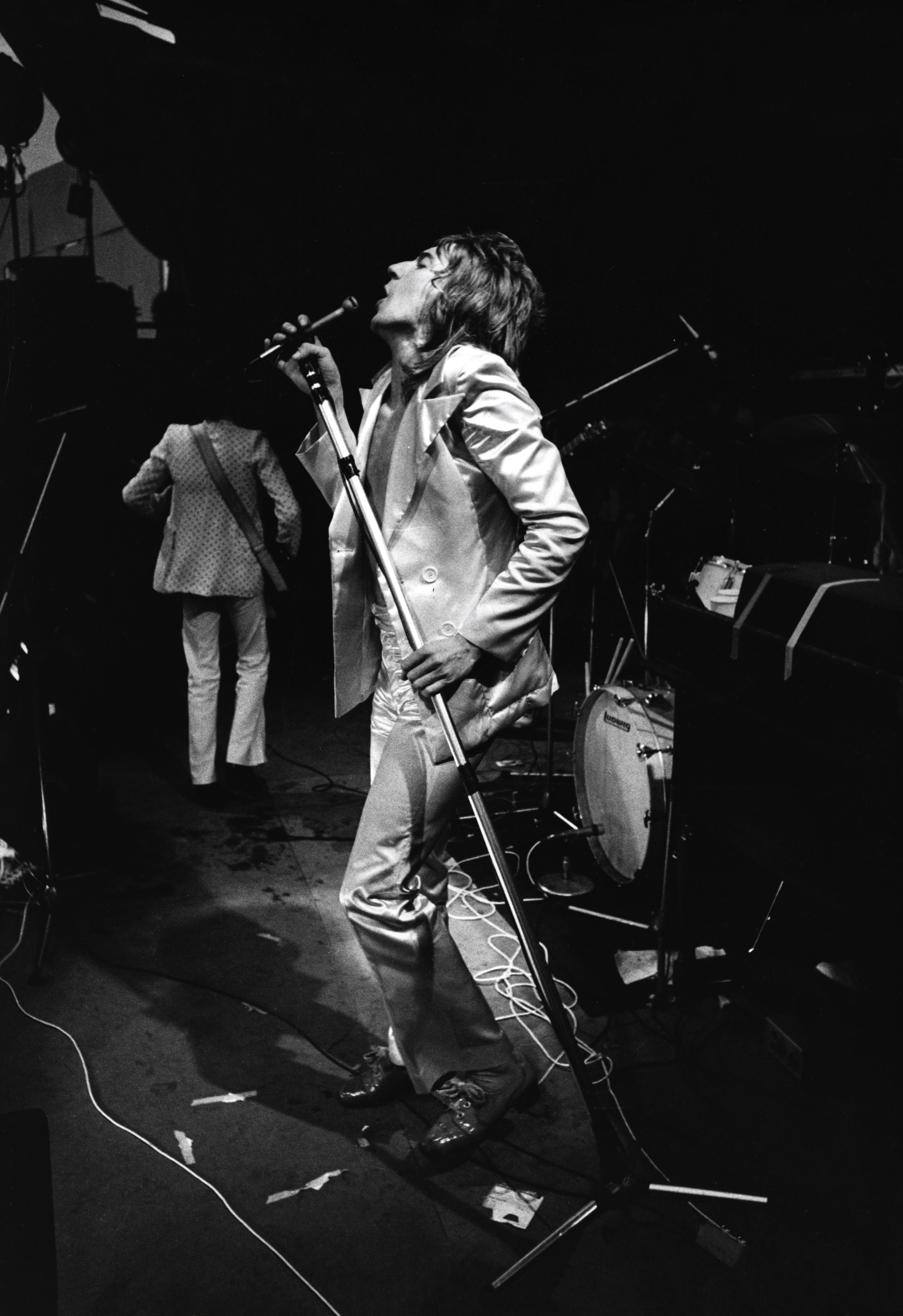 Michael Childers Black and White Photograph - Rod Stewart Rocking Out on Stage Fine Art Print