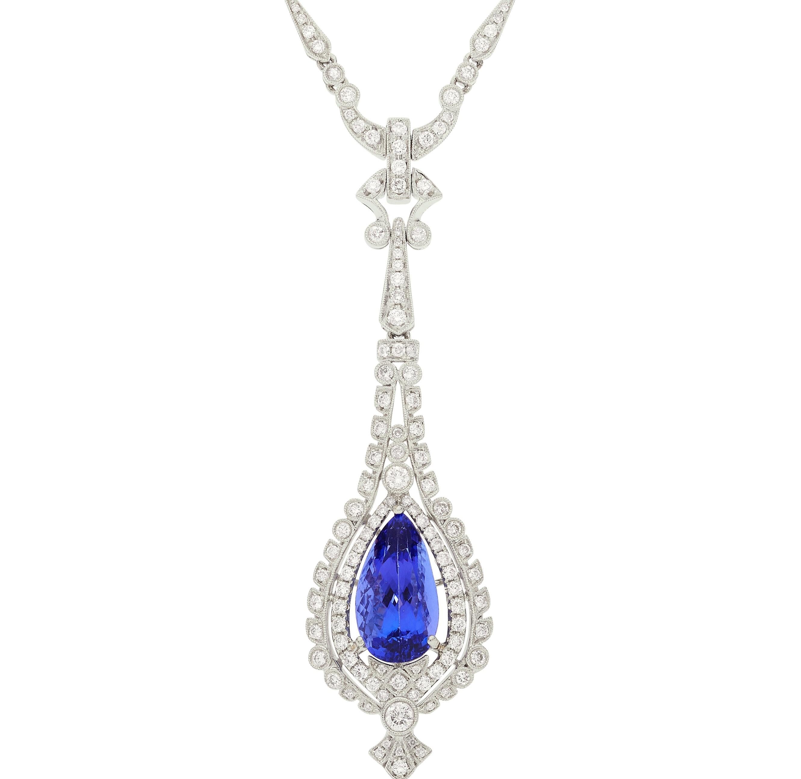 Pear Cut Michael Christoff 18k White Gold 7.75 Carat Tanzanite & Diamond Pendant, Size 18 For Sale