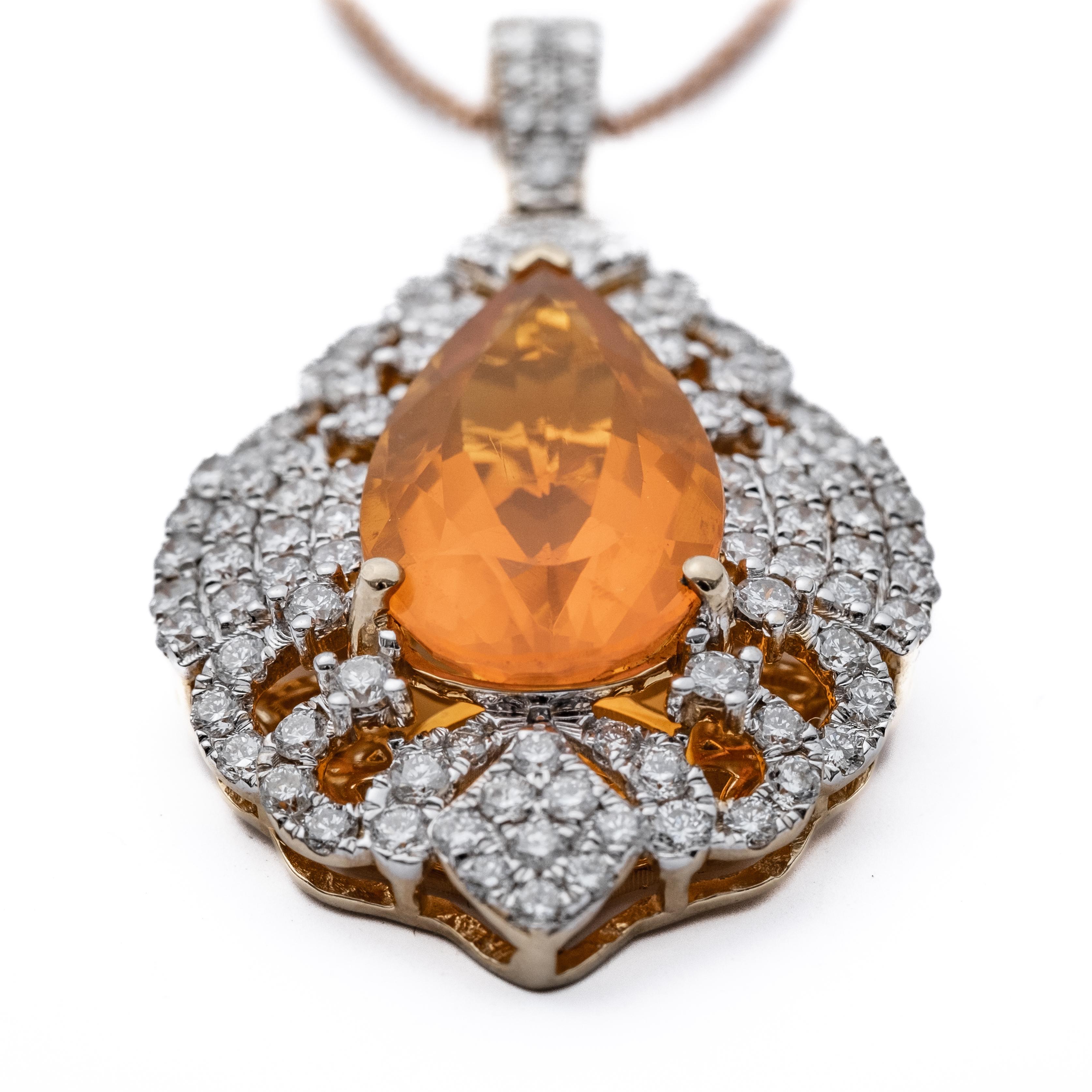 Michael Christoff Fire Opal, Diamond, Gold Pendant-Necklace
Stones: Pear-shaped fire opal weighing 3.95 carats; full-cut diamonds weighing a total of 1.38 carats. Metal: 14k yellow and rose gold Gross Weight: 7.90 grams Pendant Dimensions: 1-5/8