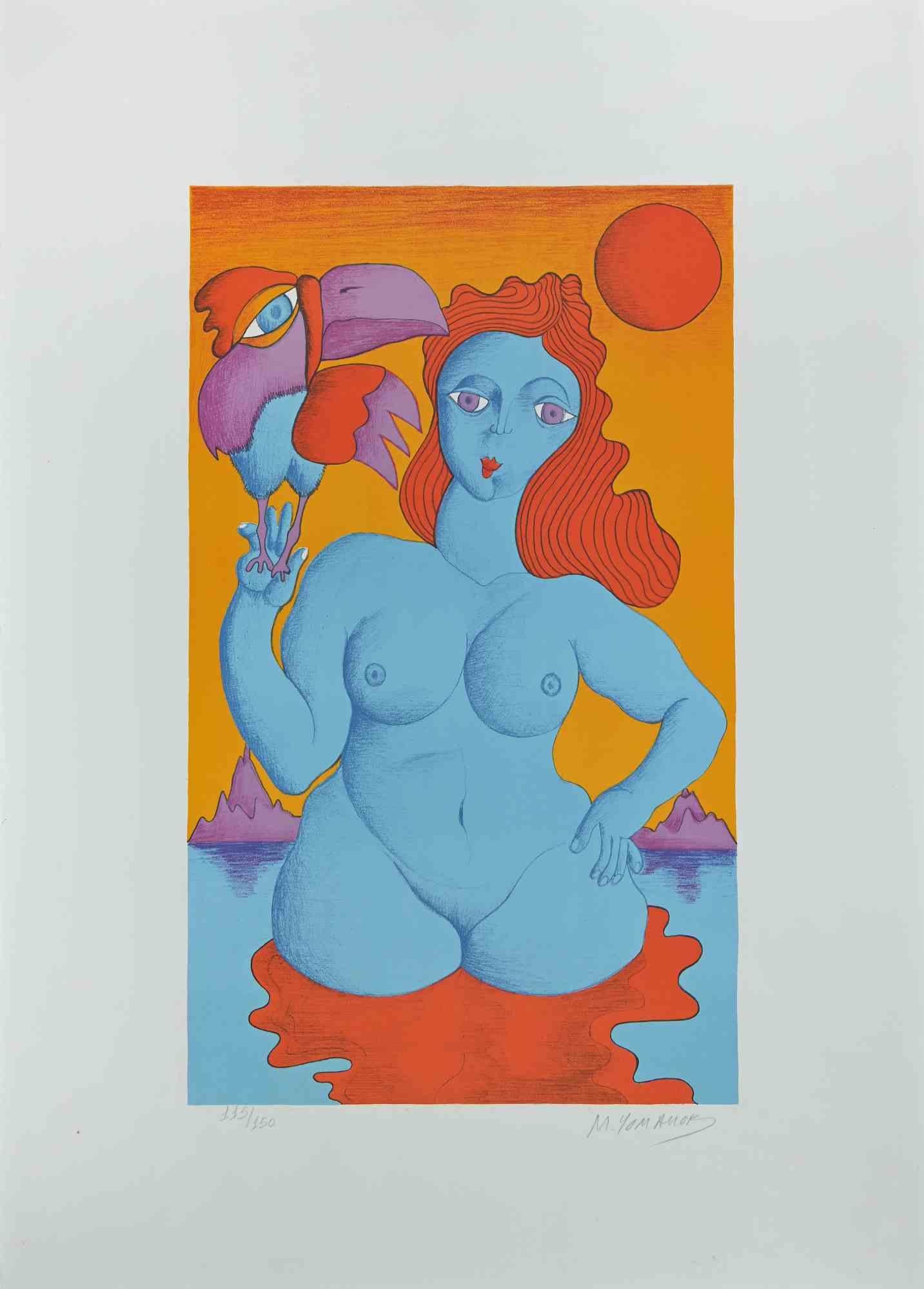Femme avec perroquet - Lithographie originale de Michael Ciomakov - 1970