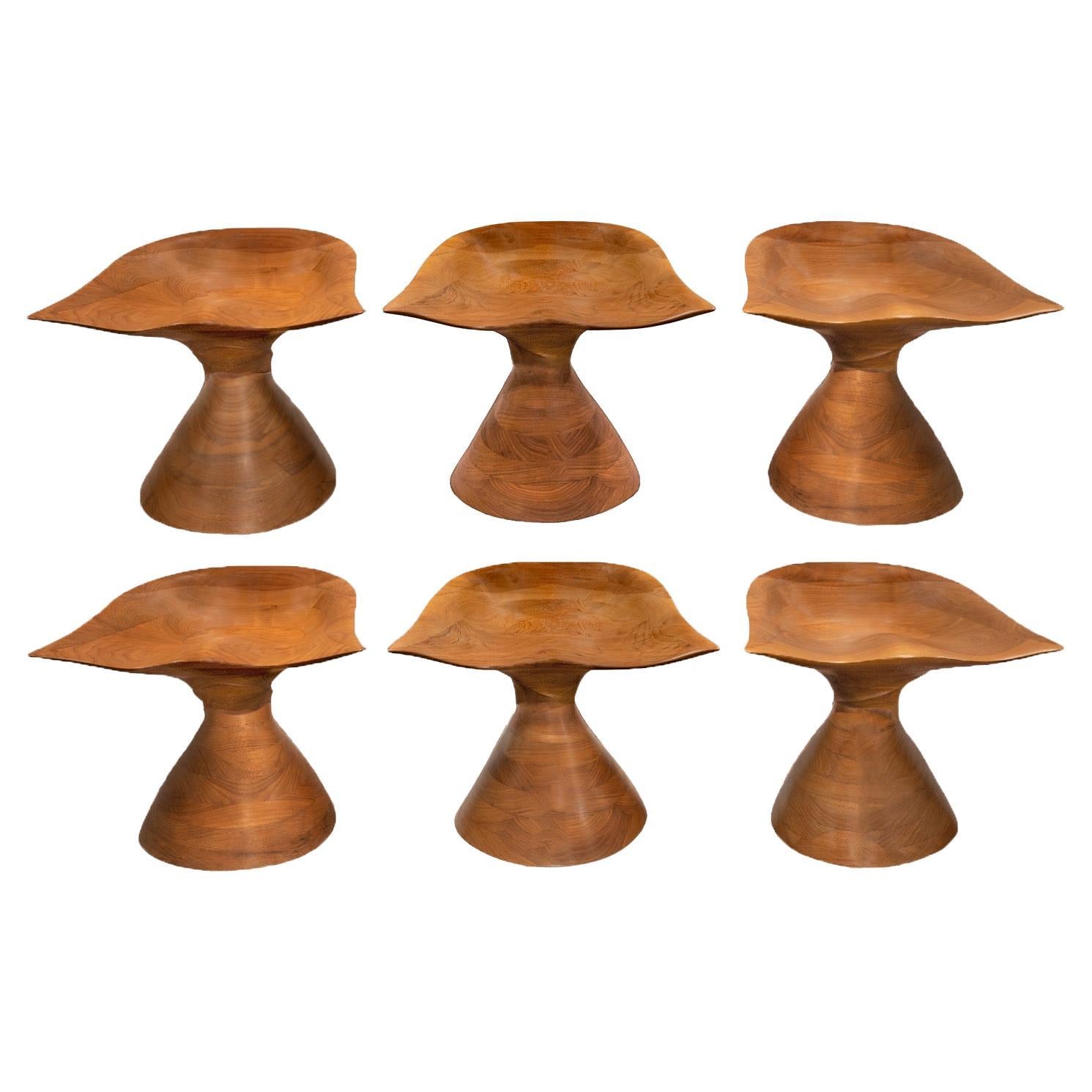Michael Coffey Rare Set of 6 Hand-Carved Stools in Walnut 2007 (Signed) For Sale