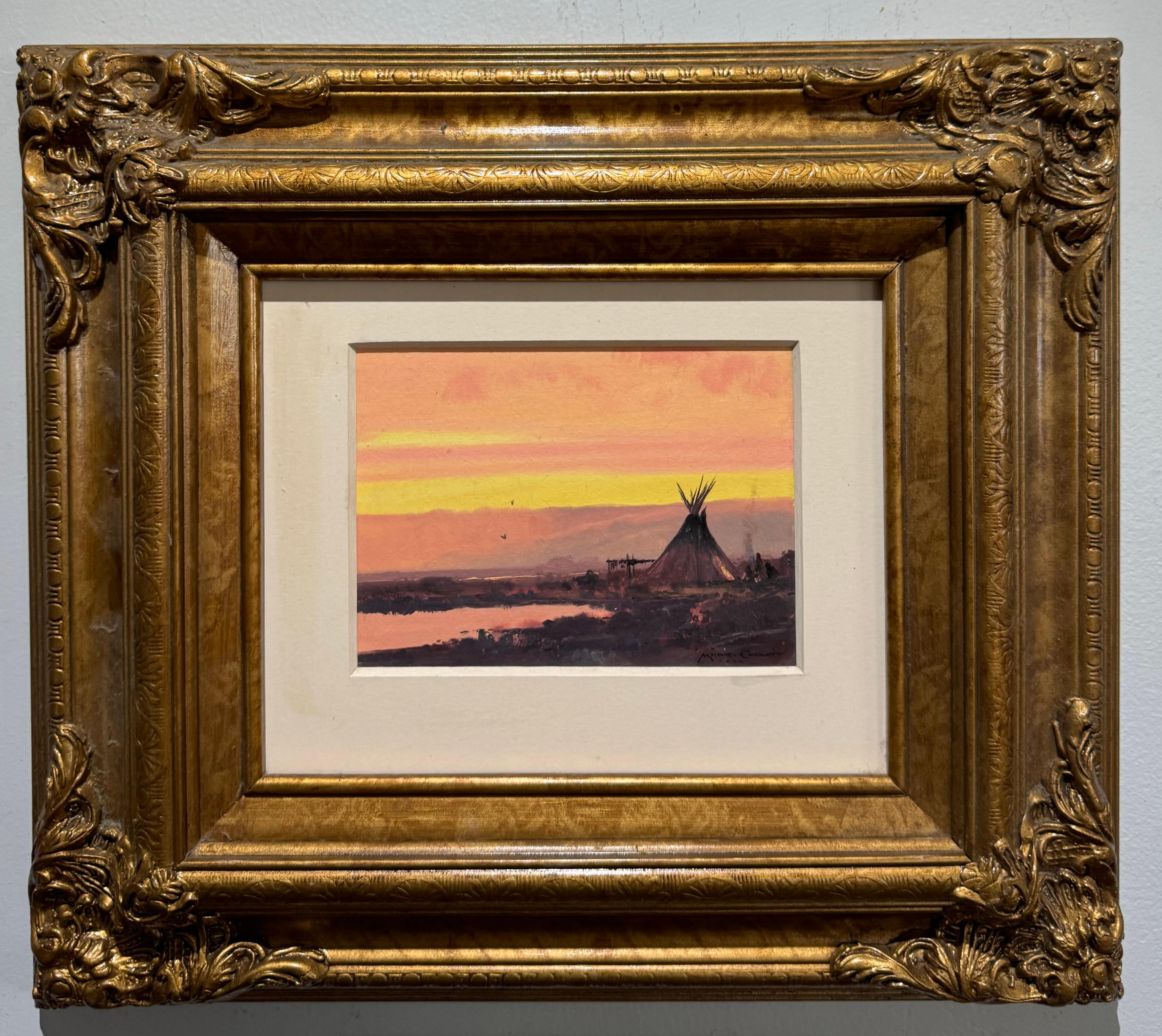 Amerikanischer Südwesten INDIAN TEEPEE Tonalist SUNSET Landscape OIL PAINTING – Painting von Michael Coleman