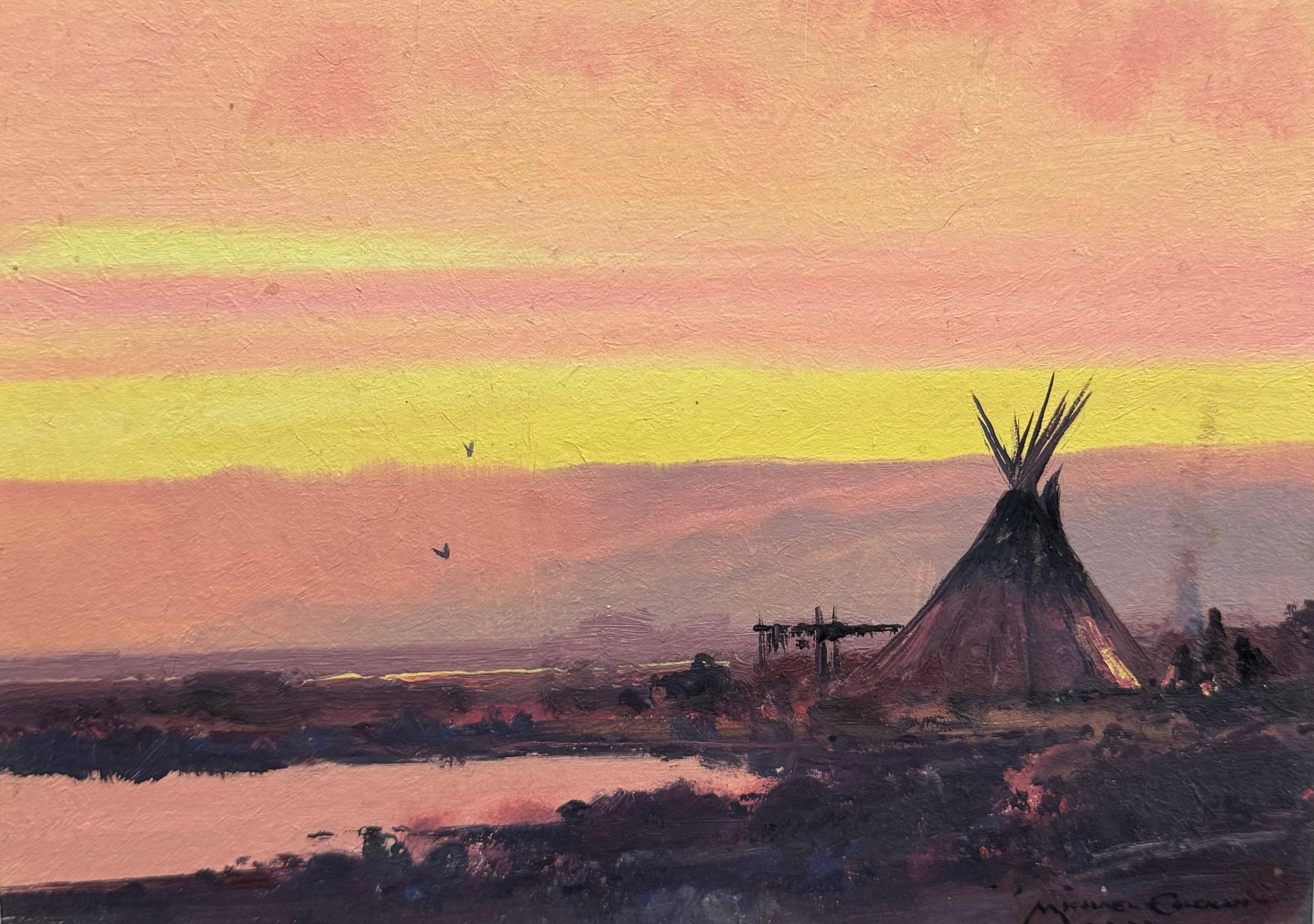 Amerikanischer Südwesten INDIAN TEEPEE Tonalist SUNSET Landscape OIL PAINTING (Orange), Landscape Painting, von Michael Coleman