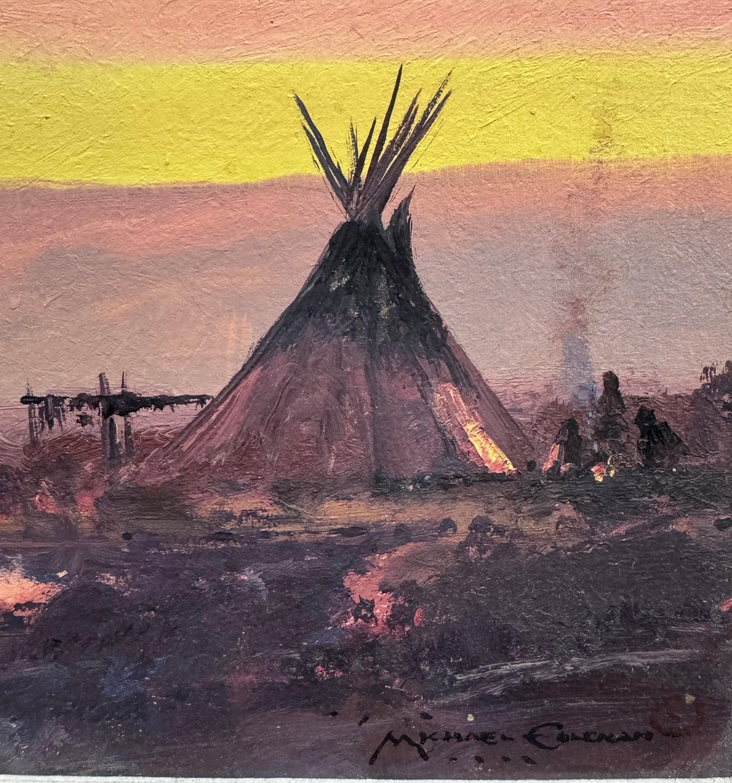 Amerikanischer Südwesten INDIAN TEEPEE Tonalist SUNSET Landscape OIL PAINTING im Angebot 1