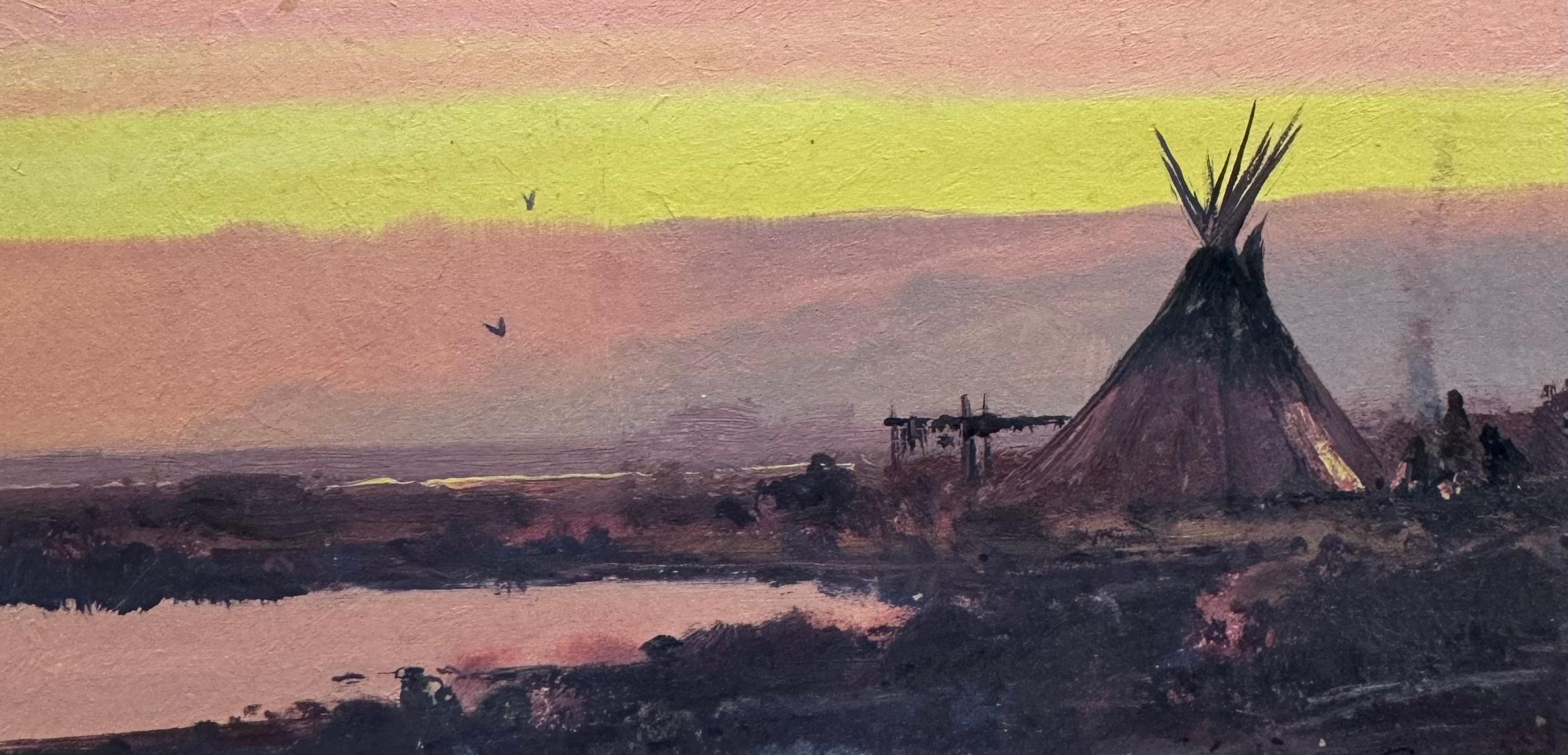 Amerikanischer Südwesten INDIAN TEEPEE Tonalist SUNSET Landscape OIL PAINTING im Angebot 2