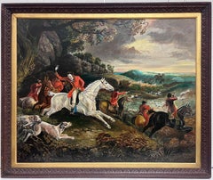 Classic English Fox Hunting Horses Riders & Hounds in Landscape, British Oil