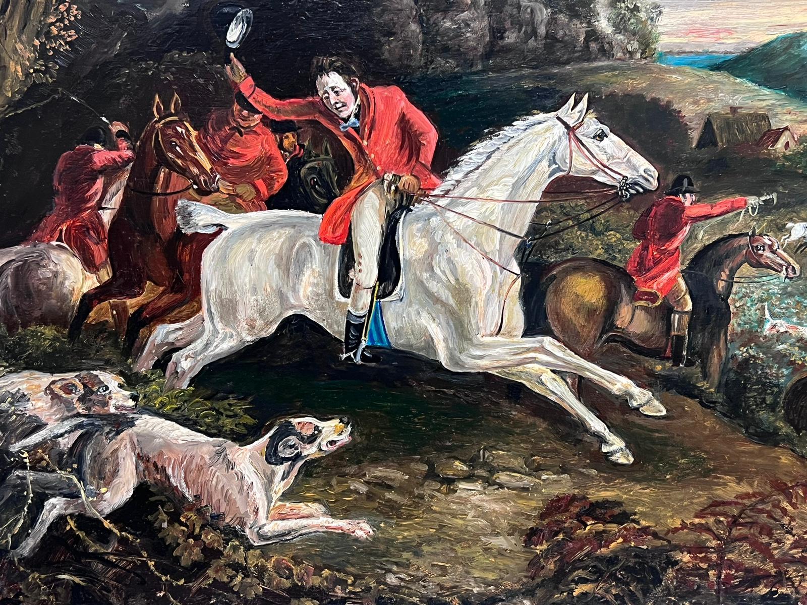 Classic English Fox Hunting Horses Riders & Hounds in Landscape, British Oil  For Sale 1