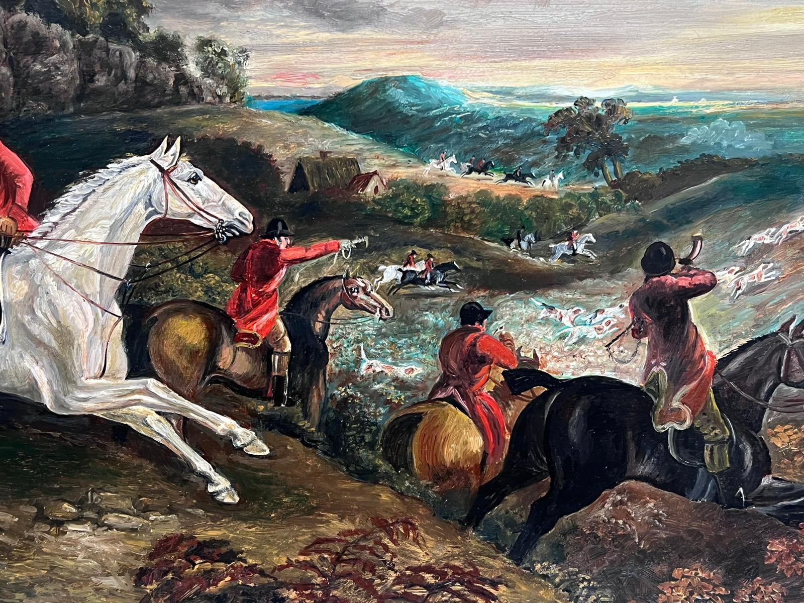 Classic English Fox Hunting Horses Riders & Hounds in Landscape, British Oil  For Sale 2