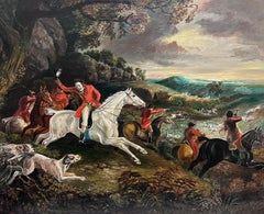 Classic English Fox Hunting Horses Riders & Hounds in Landscape, peinture à l'huile britannique