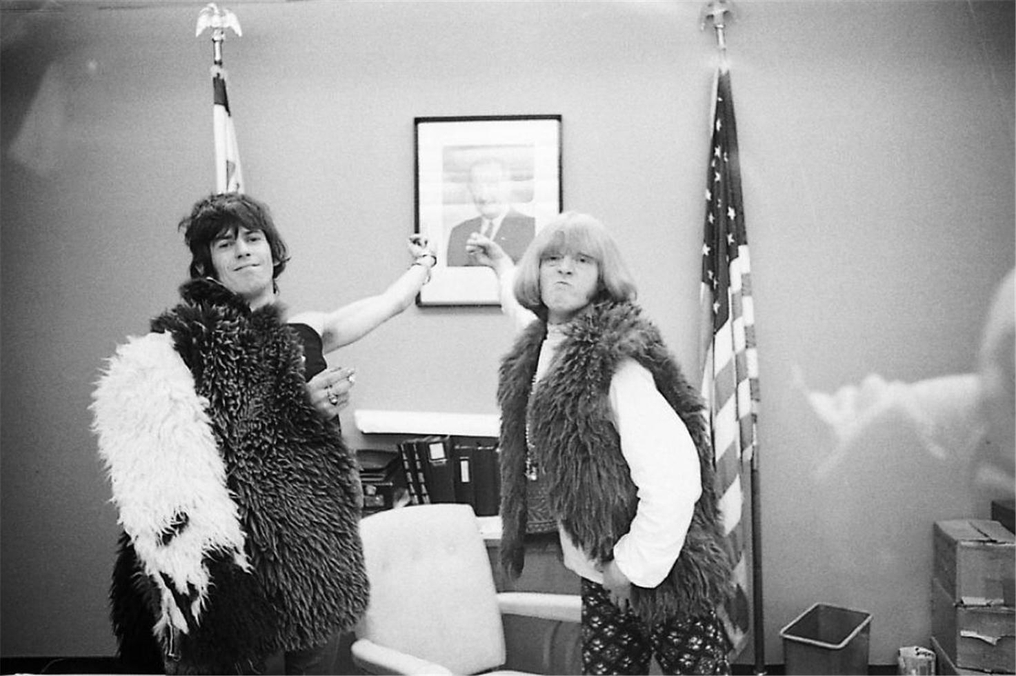 Michael Cooper (b.1941) Black and White Photograph - Keith Richards & Brian Jones, US Embassy in London