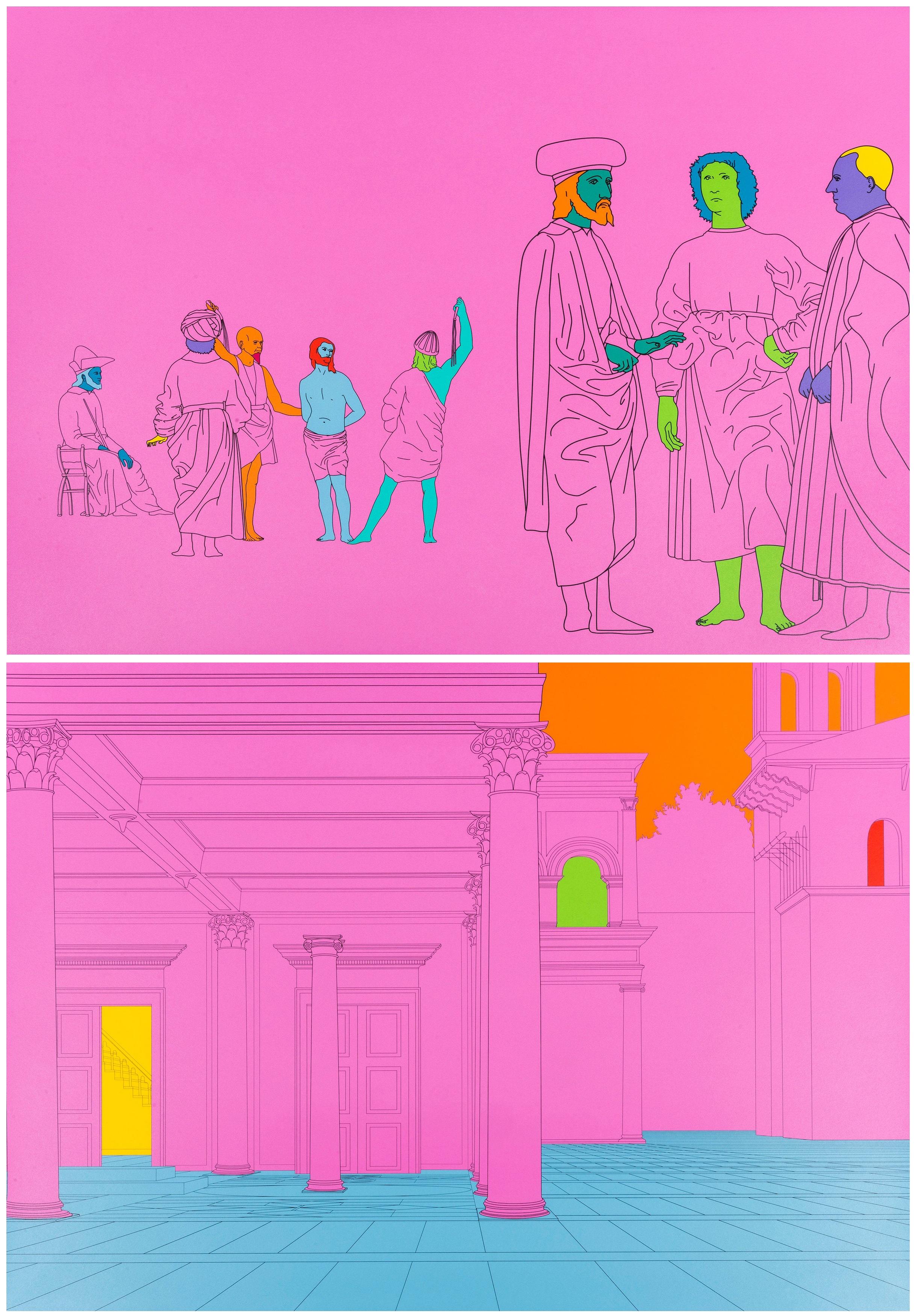 Dekonstruktion von piero (rosa), 2004
Michael Craig-Martin

Ein Paar Siebdrucke in Farben, auf Wolle
Verso signiert, datiert und nummeriert aus einer Auflage von 40 Stück
Herausgegeben von Alan Cristea Gallery, London
Jedes Blatt: 63 × 88,5 cm (24,8