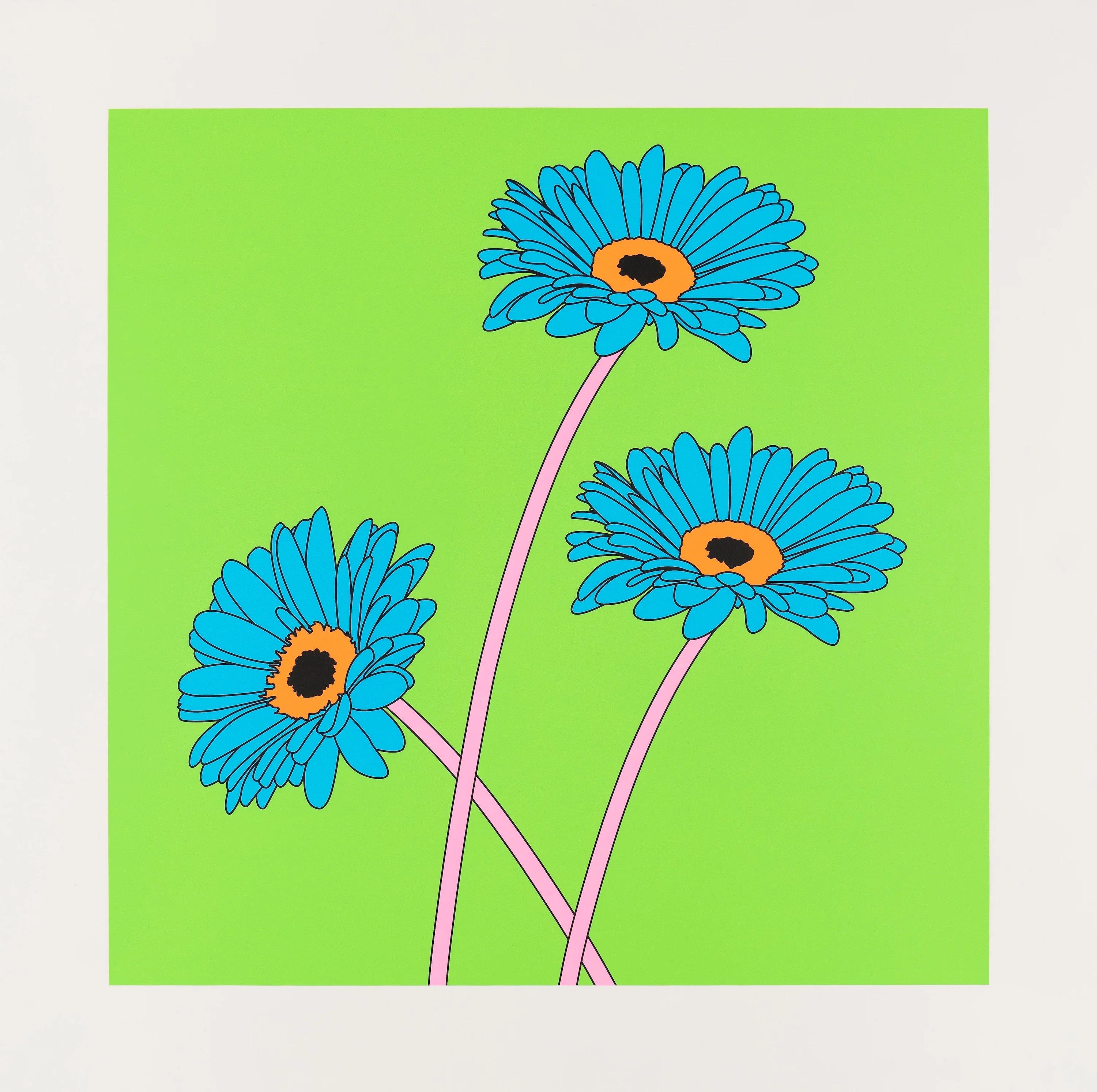 Gerberas, 2020
Michael Craig-Martin

Screenprint in colours, on Arches 88 paper,
Signed, dated and numbered from the edition of 125
Published by Jealous Gallery, London, unframed. 
From The Help Portfolio
Image: 40 × 40 cm (15.7 × 15.7 in)
Sheet: 50