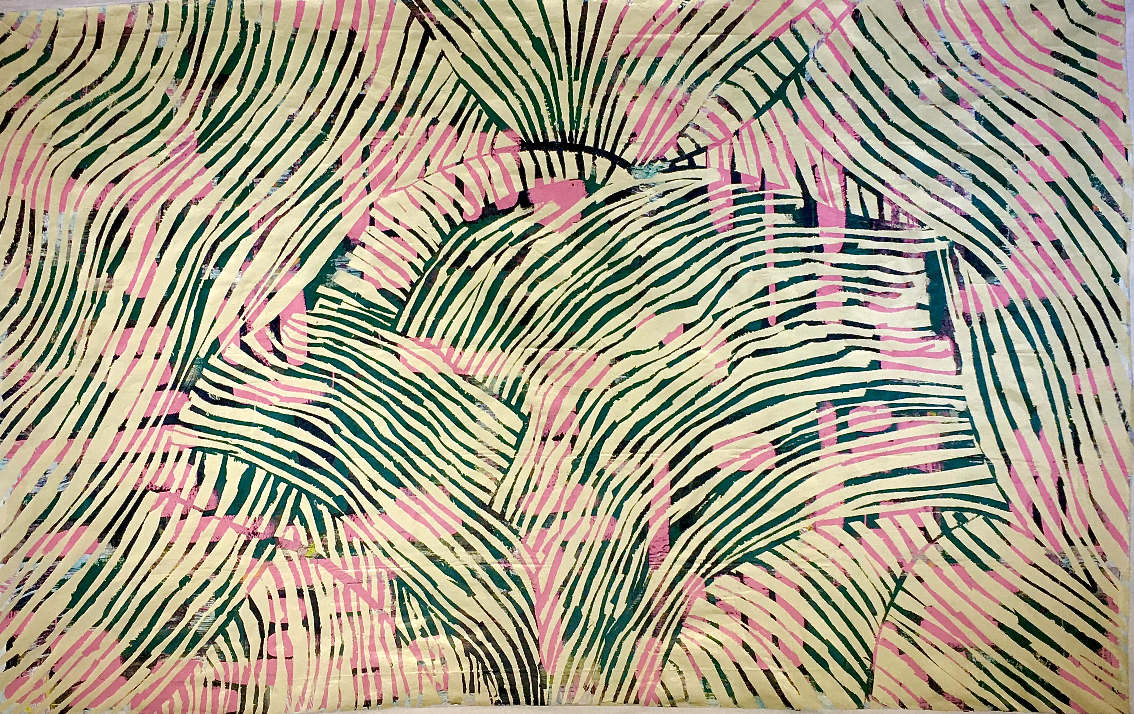 "Land and Sea" - Acrylic Painting- cream, green, pink, bold, abstract