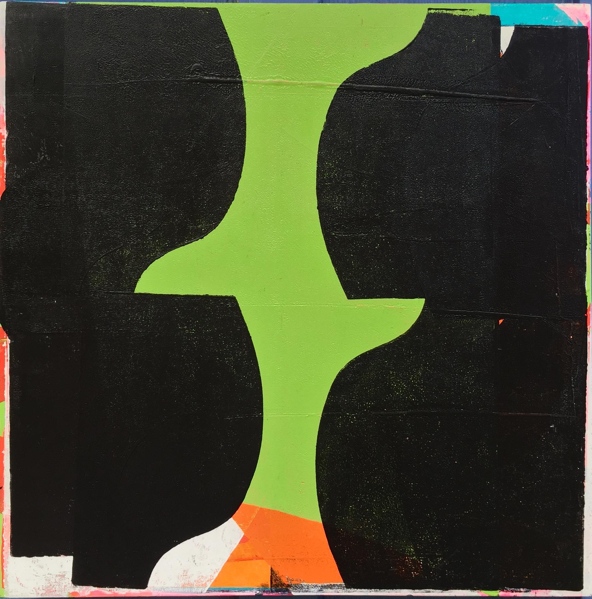 "Local Treasure" - Mixed Media Painting- Green, orange, blue, bold, abstract