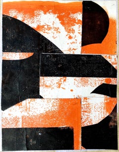 "Looking Back 6 " - Mixed Media Painting- black, white, orange, bold, abstract