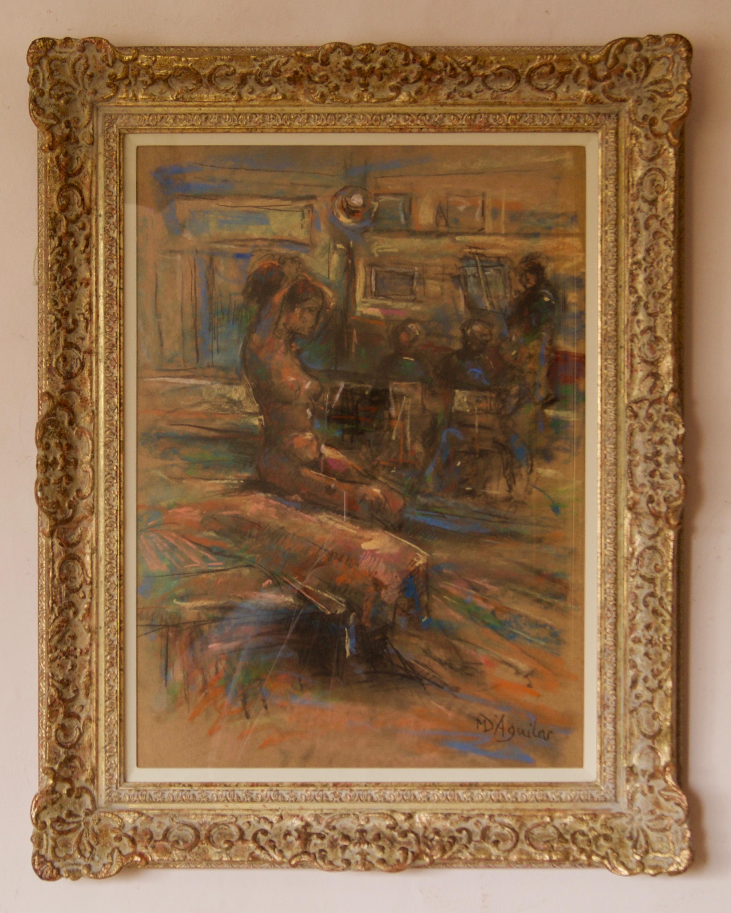 Dans L'Atelier Mardi - Natura morta di nudo della metà del XX secolo, olio di Michael D'Aguilar in vendita 1