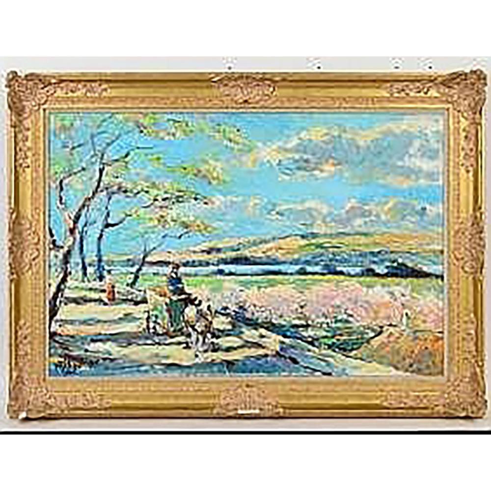 "Le Chemin a Beauville en Printemps".  Signed l/l. Verso signed and titled by the artist on canvas. Oil on Canvas. Measuring 24" by 36".  Rococo style frame. 
