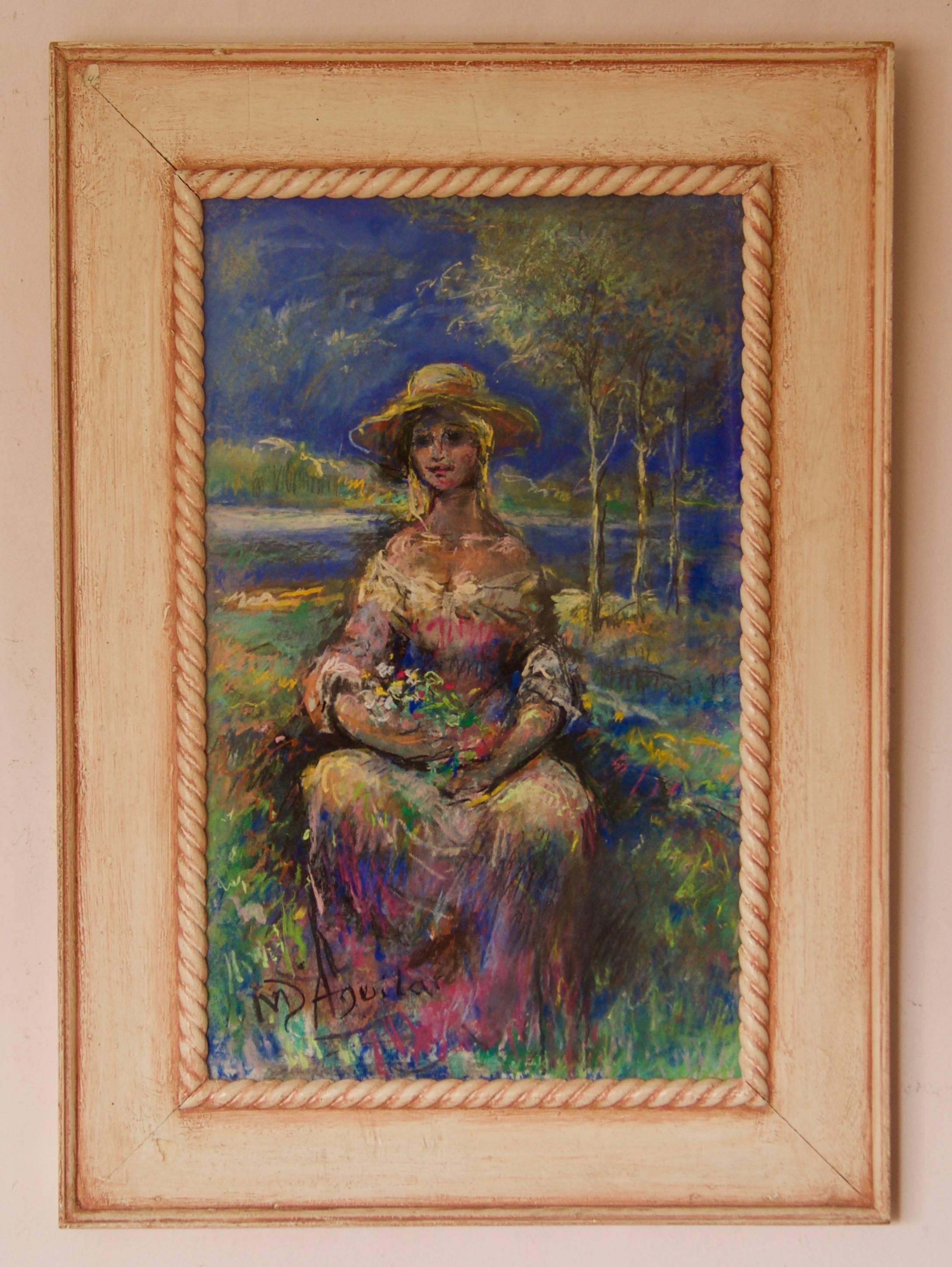 Retrato de niña en la naturaleza - Mediados del siglo XX Óleo de Michael D'Aguilar en venta 1