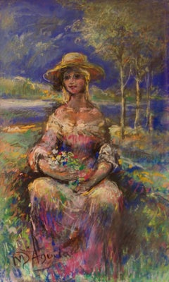 Porträt eines Mädchens in der Natur - Mitte 20. Jahrhundert Öl von Michael D'Aguilar