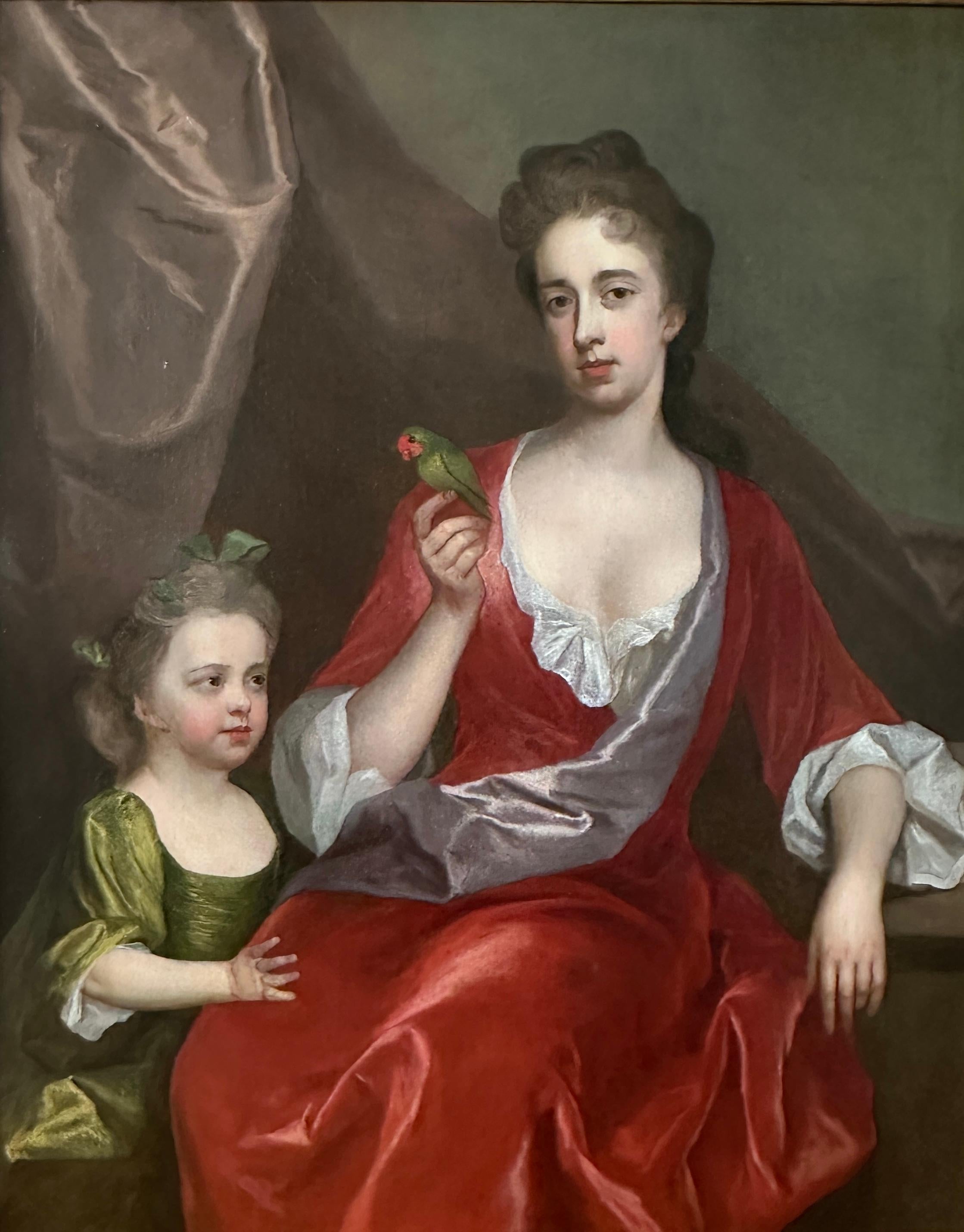 A portrait of a lady and her daughter with an exotic bird For Sale 3