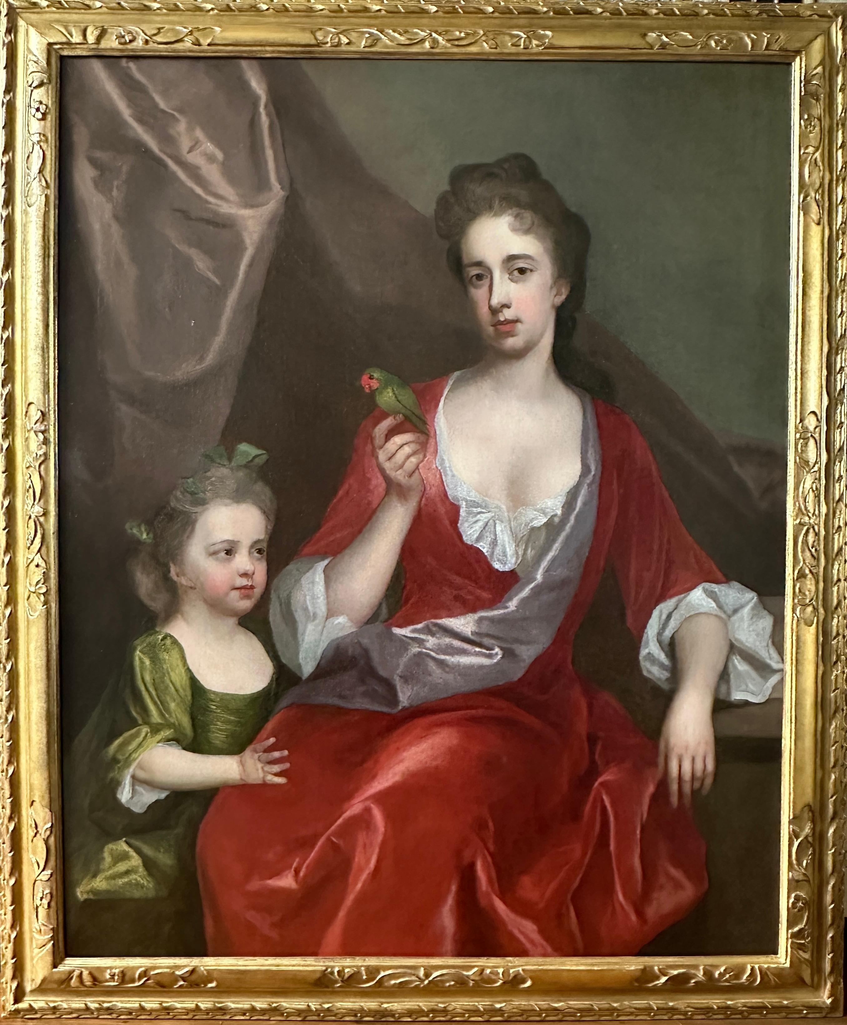 Portrait Painting Michael Dahl - Un portrait d'une dame et de sa fille avec un oiseau exotique