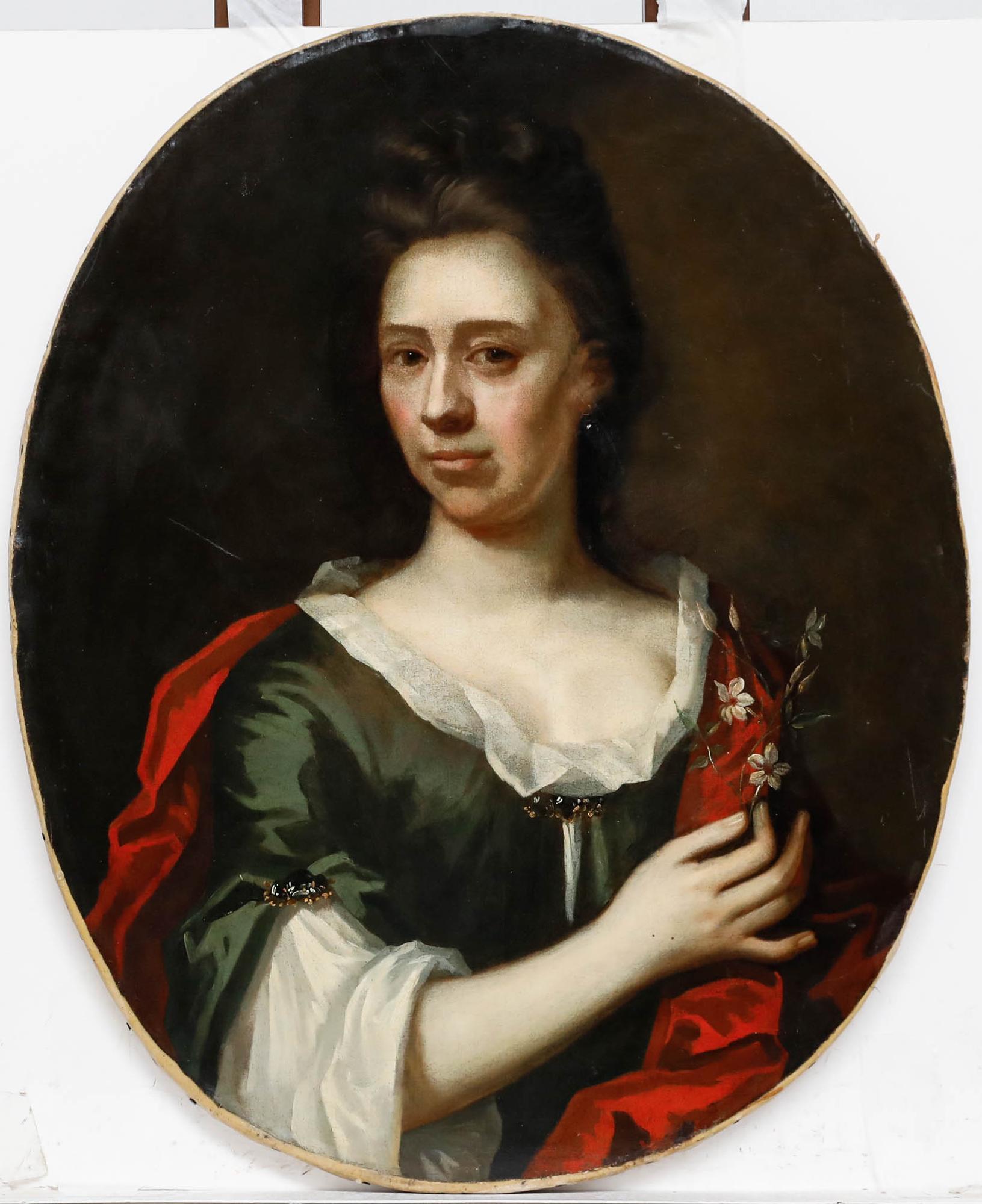 Circle of Michael Dahl (1659-1743) -  Frühes 18. Jahrhundert Öl, Dame mit Jasmin im Angebot 1
