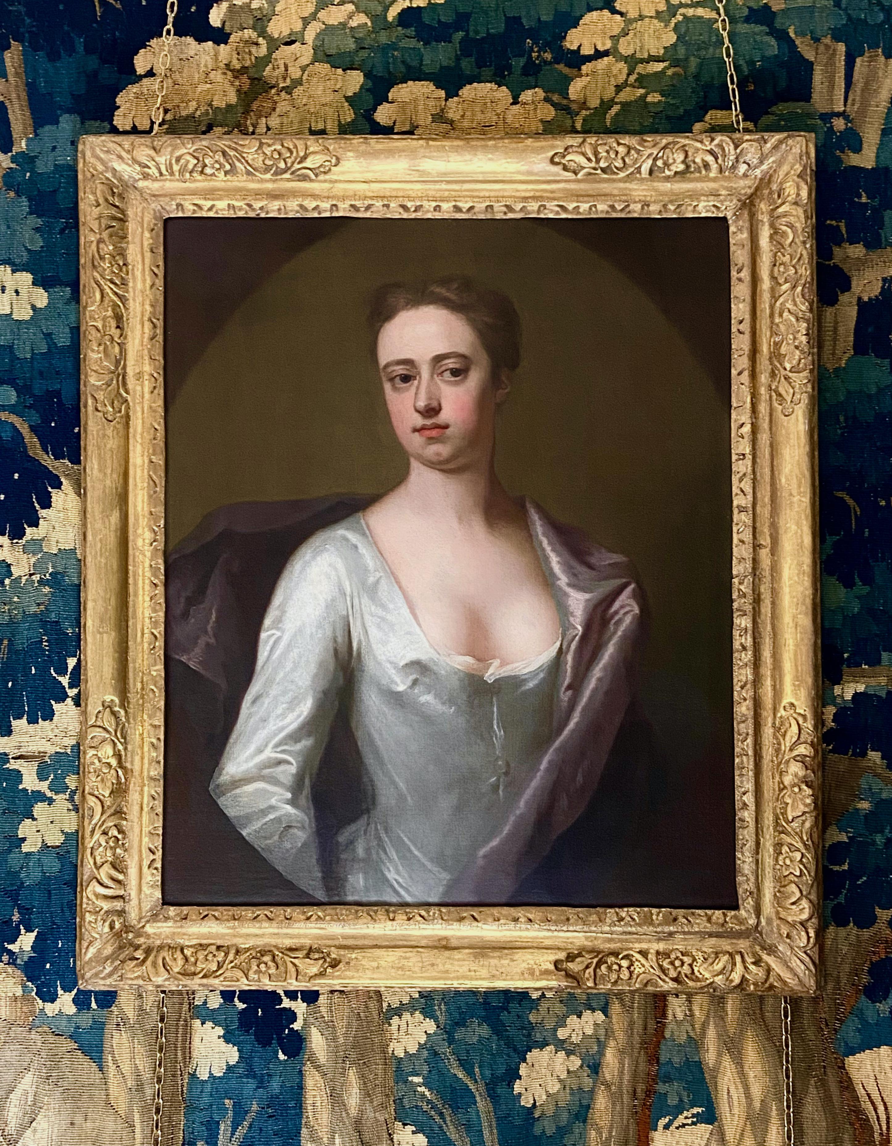 EARLY 18TH CENTURY ENGLISH PORTRAIT OF A LADY IN A WHITE SILK DRESS. - Old Masters Painting by Michael Dahl