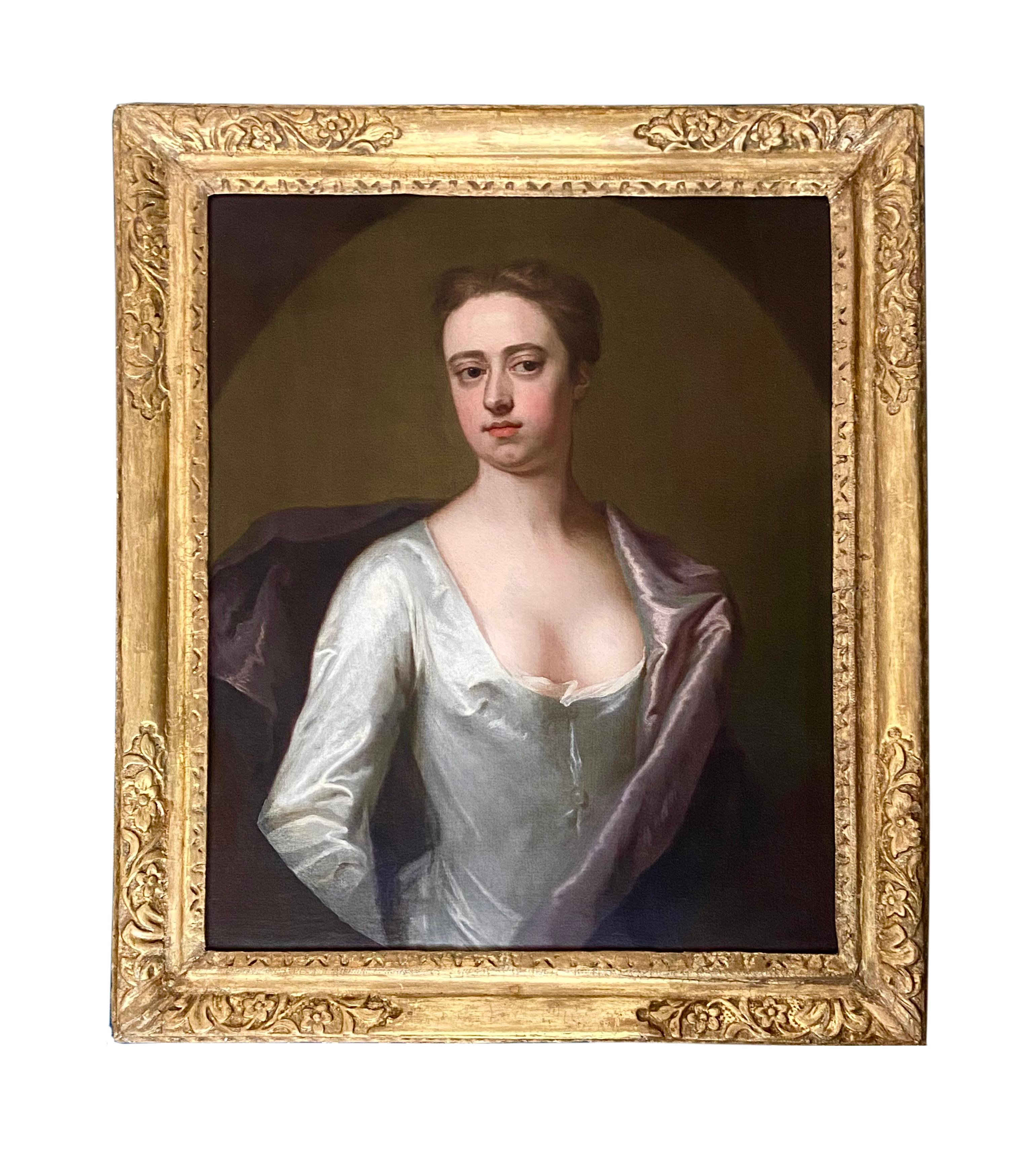 Michael Dahl Interior Painting - EARLY 18TH CENTURY ENGLISH PORTRAIT OF A LADY IN A WHITE SILK DRESS.