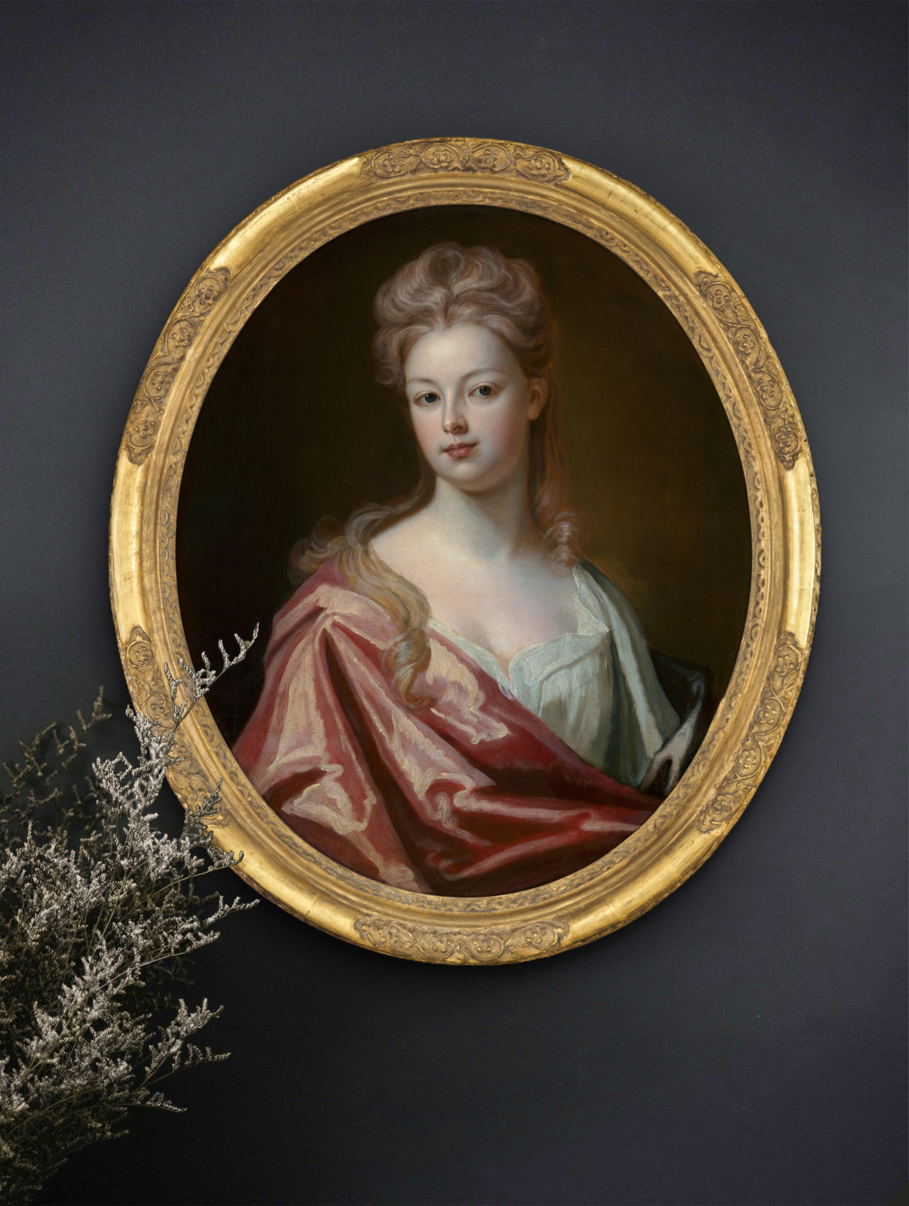 Portrait of a Lady, Mrs Wray in a Silk Dress & Pink Wrap c.1698, Oil on canvas - Painting by Michael Dahl