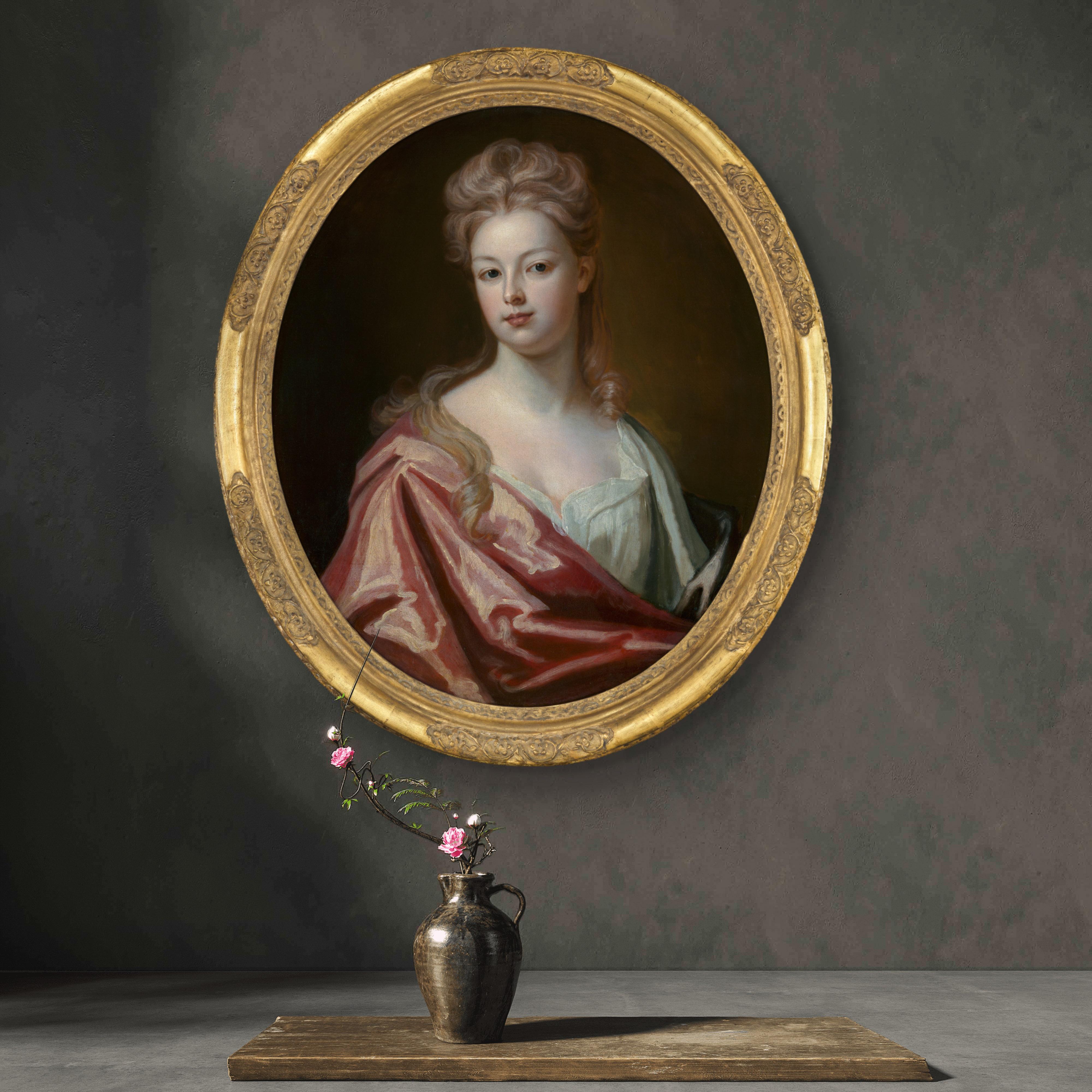 Portrait of a Lady, Mrs Wray in a Silk Dress & Pink Wrap c.1698, Oil on canvas - Brown Portrait Painting by Michael Dahl