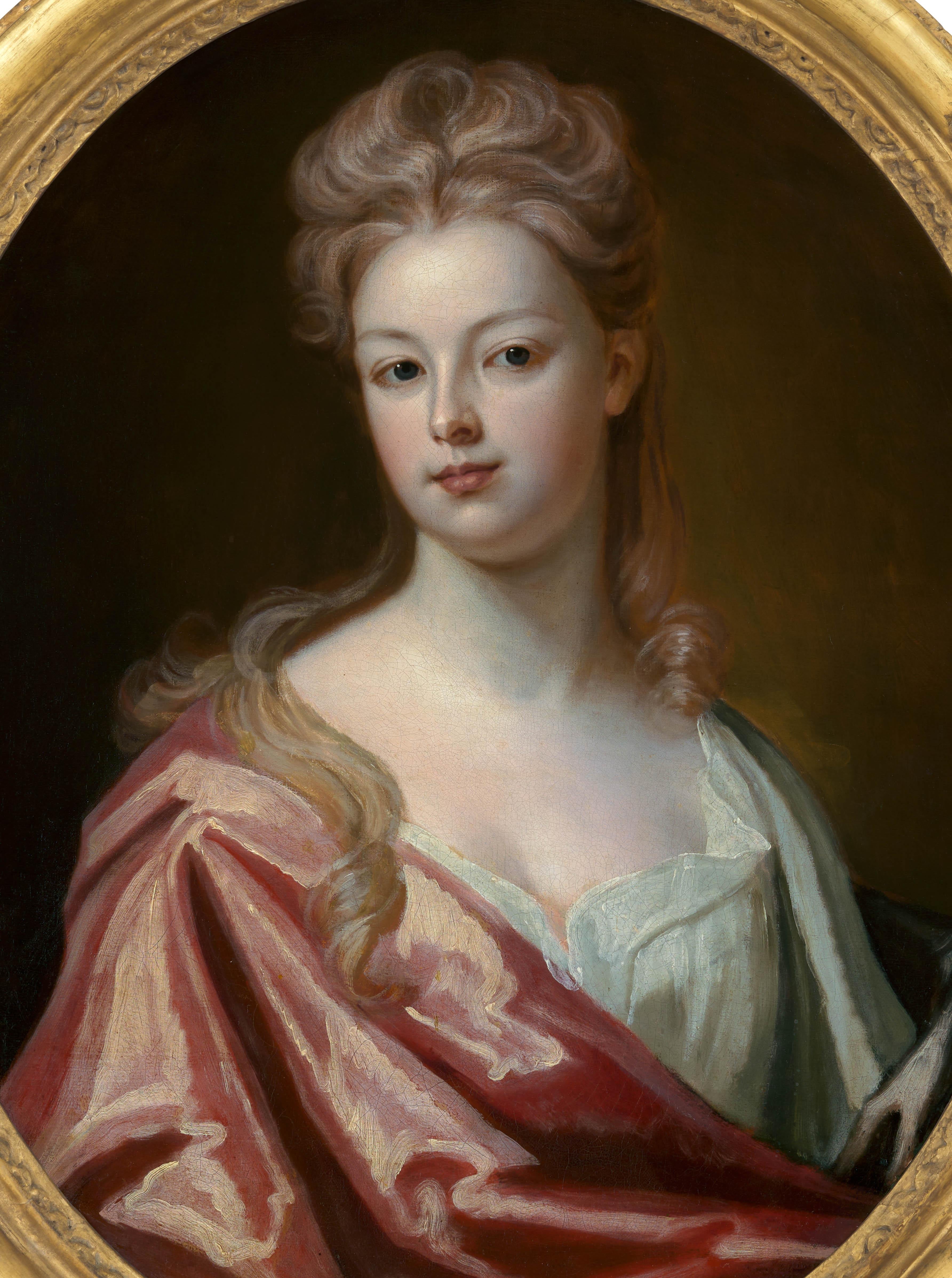Portrait of a Lady, Mrs Wray in a Silk Dress & Pink Wrap c.1698, Oil on canvas For Sale 1