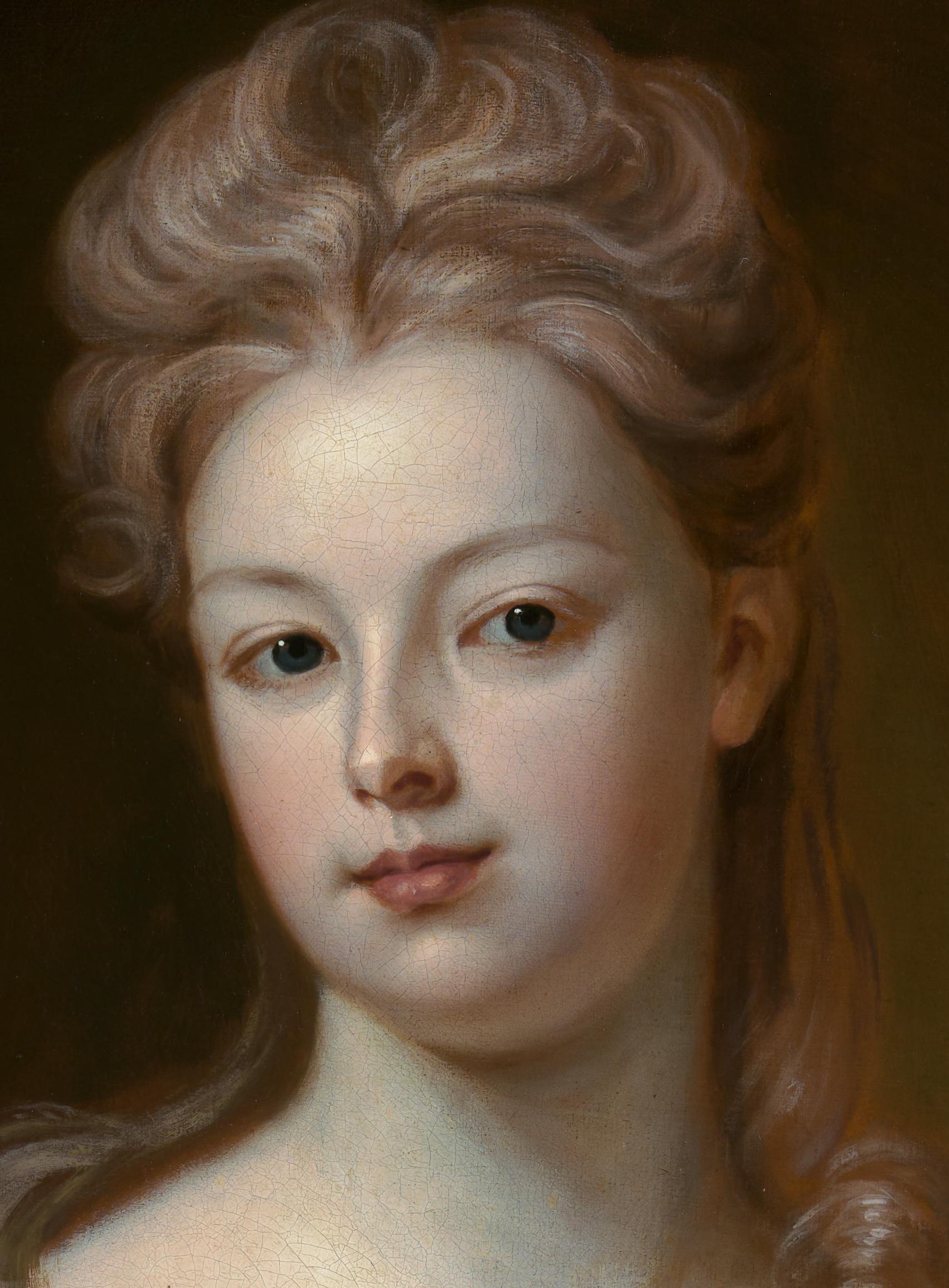 Portrait of a Lady, Mrs Wray in a Silk Dress & Pink Wrap c.1698, Oil on canvas For Sale 3