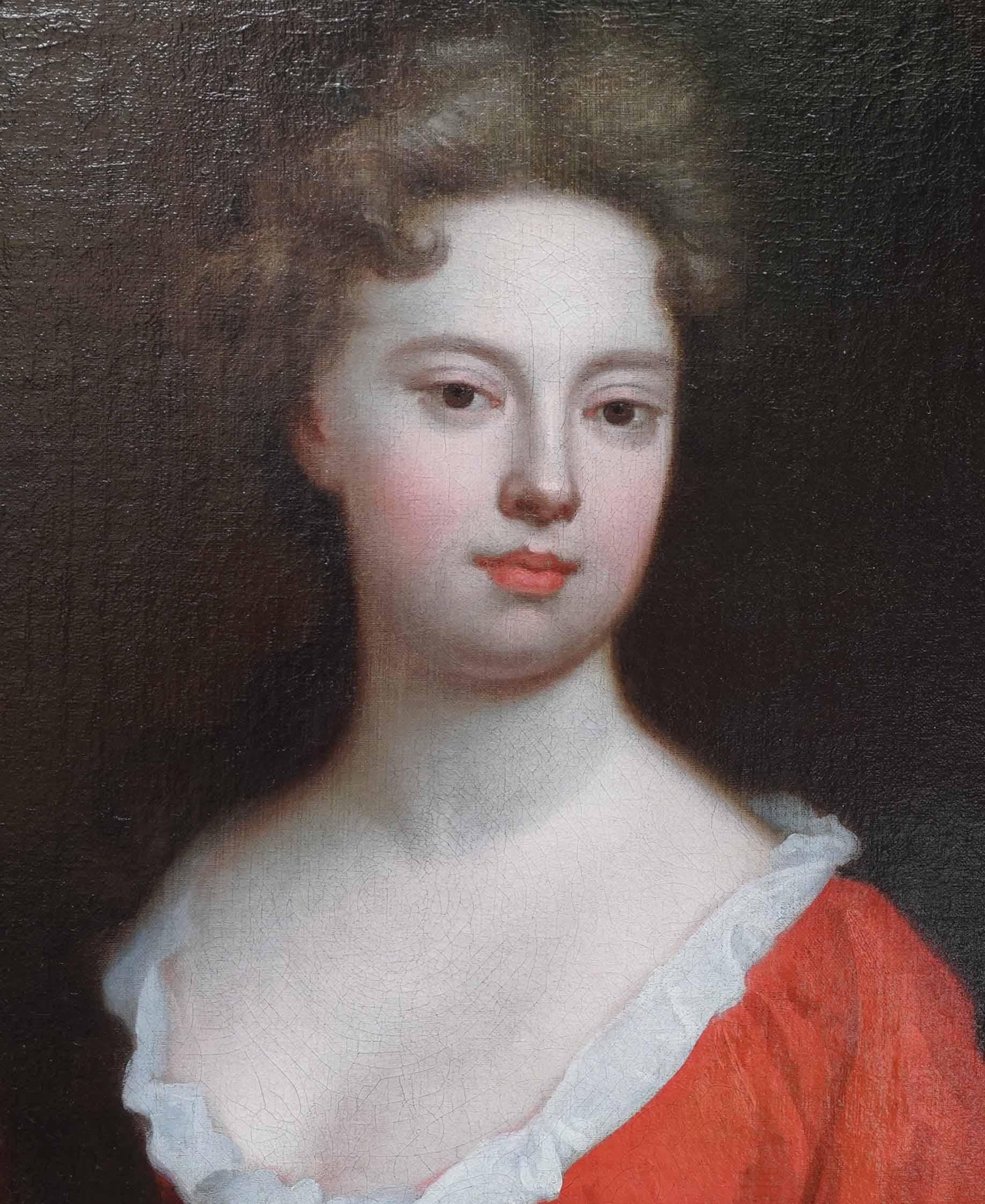 Retrato de Dama vestida de rojo - pintura al óleo femenina de arte del Viejo Maestro británico - Portrait Painting Negro de Michael Dahl