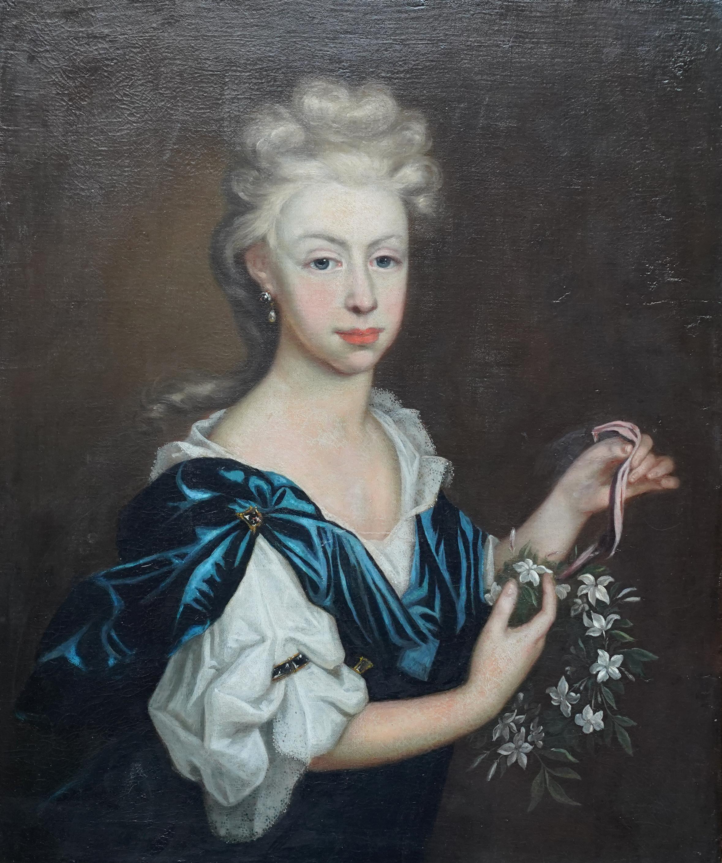 Portrait of Lady with Garland of Flowers - British 17thC Old Master oil painting For Sale 4
