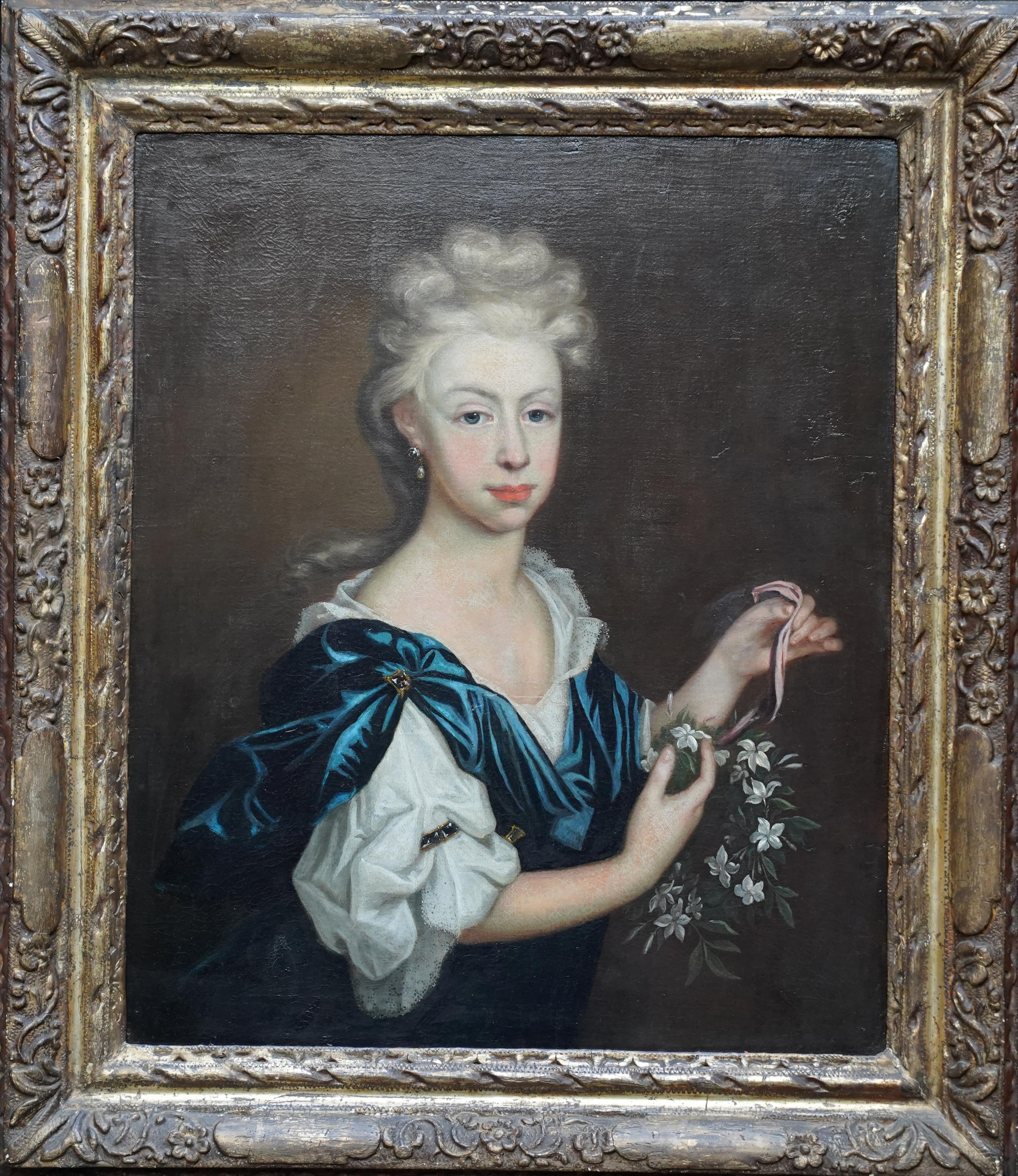 Portrait of Lady with Garland of Flowers - British 17thC Old Master oil painting For Sale 5