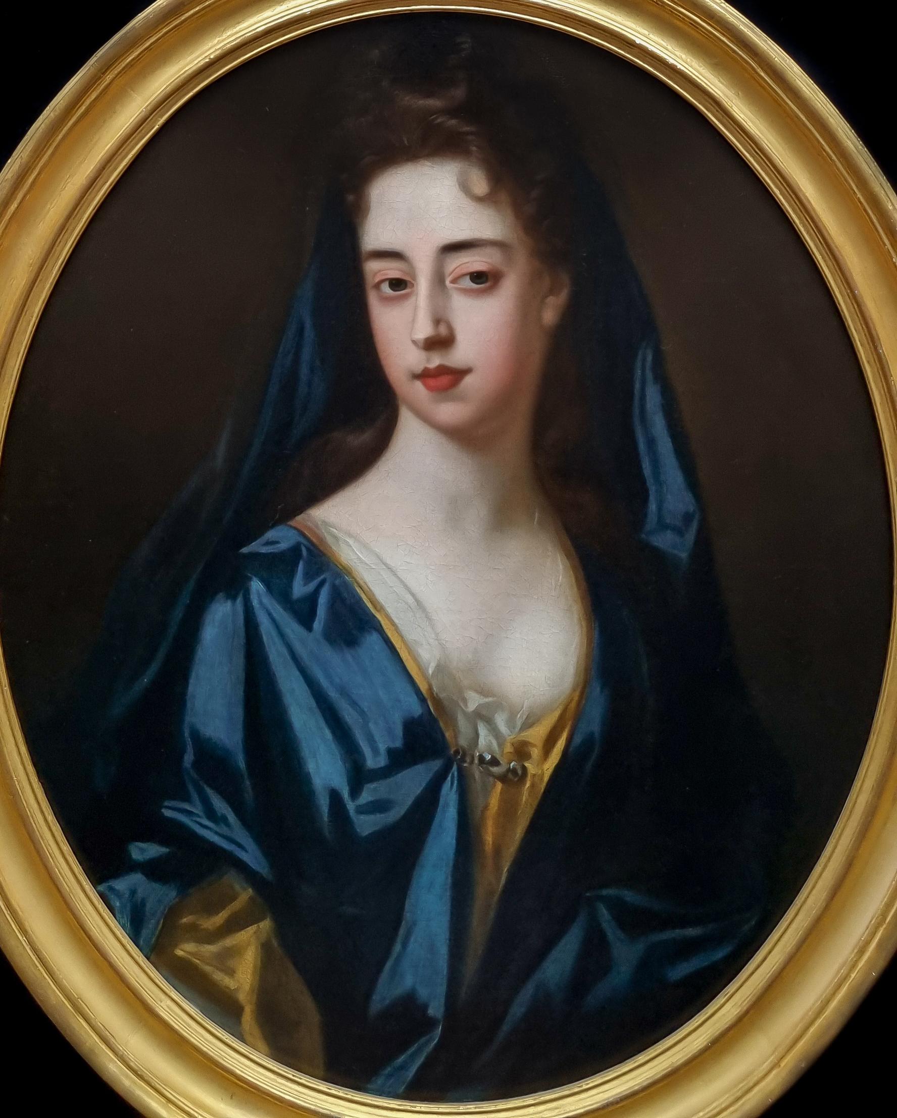 Questa notevole opera, offerta da Titan Fine Art, cattura in modo superbo la bellezza per cui il personaggio era famoso.  Il soggetto è stato raffigurato in un abito di seta dorata con una semplice chemise bianca e un sontuoso drappeggio azzurro che
