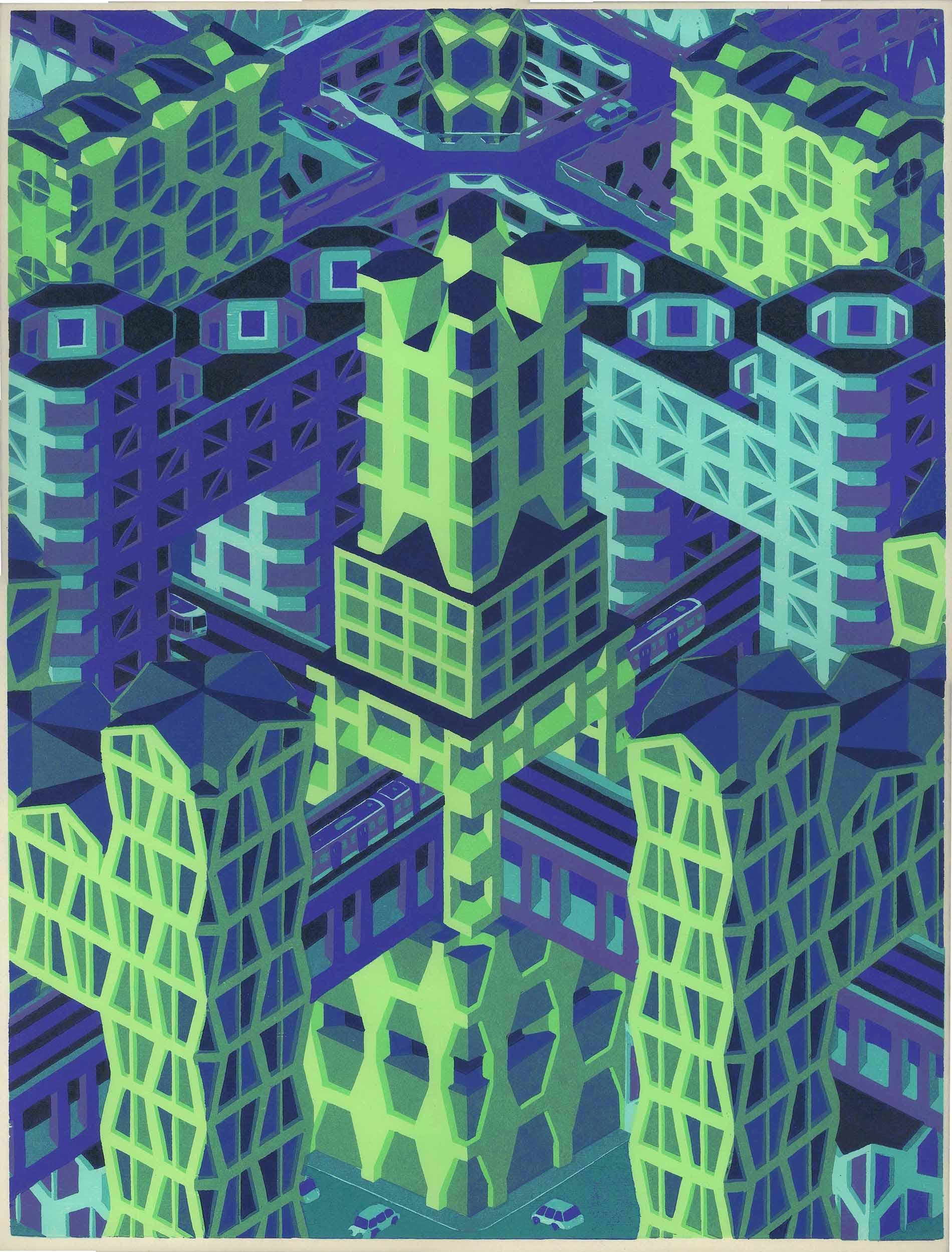Michael Dal Cerro's prints could be seen as imaginary architectural proposals. He takes satisfaction in taking something that is supposed to be exact, architecture, and transforming it into something that is improbable. Cities are evolutionary