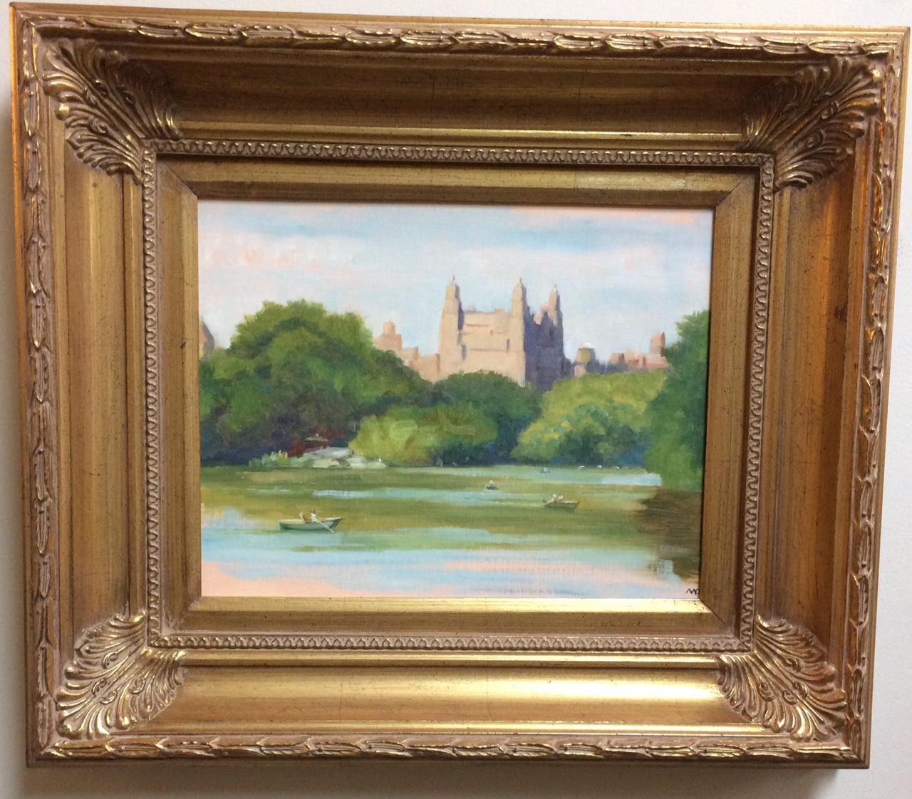 Michael Davis Landscape Painting - The Lake and the Beresford, New York City, original impressionist landscape