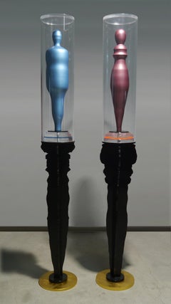 Magnifique sculpture contemporaine en techniques mixtes Bleu garçon et rose
