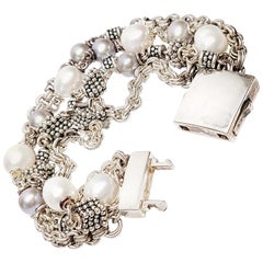 Michael Dawkins Four Strand Sterling Silver Cluster and Pearl Bracelet