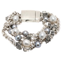 Michael Dawkins Bracelet multi-rangs de perles blanches grises, argent sterling, 7 pouces.